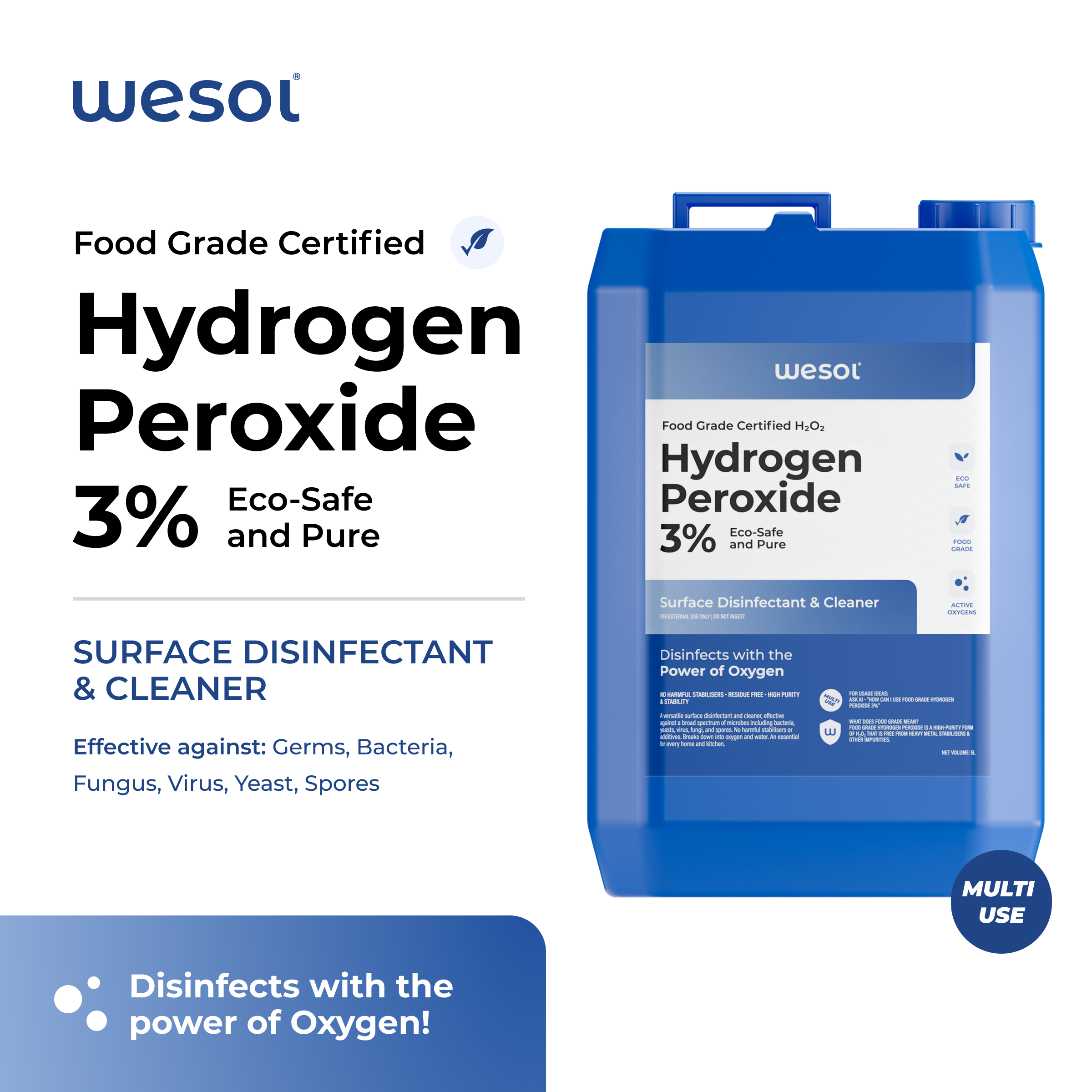 Wesol Hydrogen Peroxide 3% Food Grade | Multi-Use Disinfectant | Kills 99.9% Germs & Viruses | 5 Litre Pack - Best For Cleaning, General disinfection, deodorising, Hydroponics, Food production