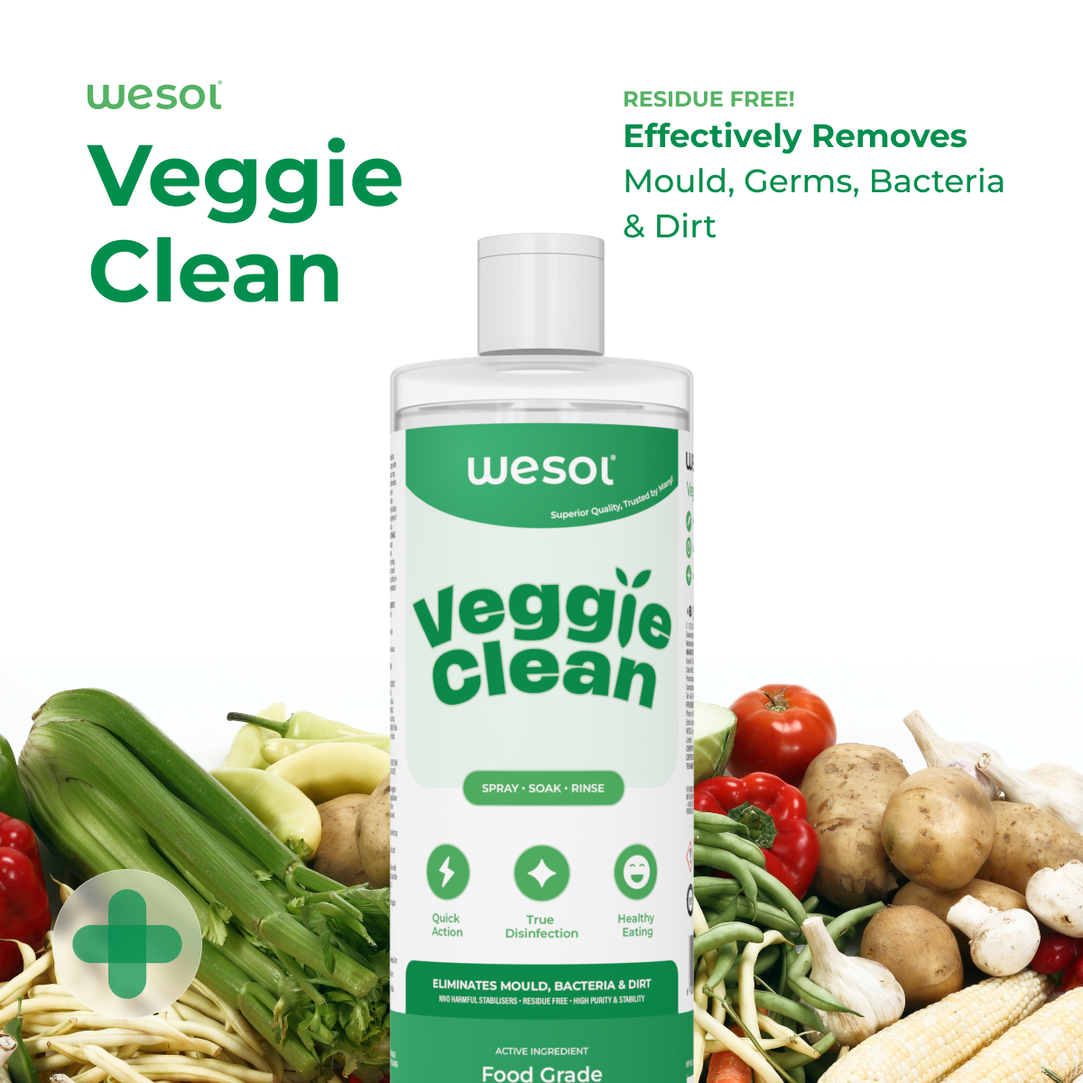 Wesol Veggie Clean Food Grade Hydrogen Peroxide 3% Vegetable and Fruit Wash Liquid, 1L, Surface Disinfectant, Eliminates Mould Bacteria and Dirt