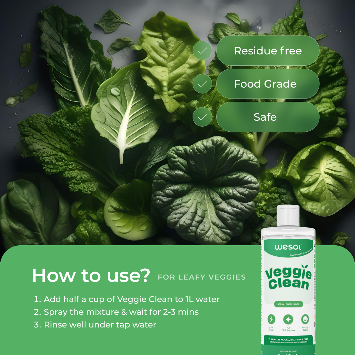 Wesol Veggie Clean Food Grade Hydrogen Peroxide 3% Vegetable and Fruit Wash Liquid, 1L, Surface Disinfectant, Eliminates Mould Bacteria and Dirt