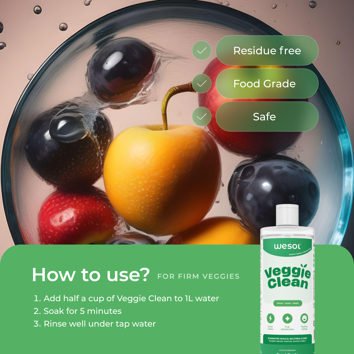 Wesol Veggie Clean Food Grade Hydrogen Peroxide 3% Vegetable and Fruit Wash Liquid, 1L, Surface Disinfectant, Eliminates Mould Bacteria and Dirt