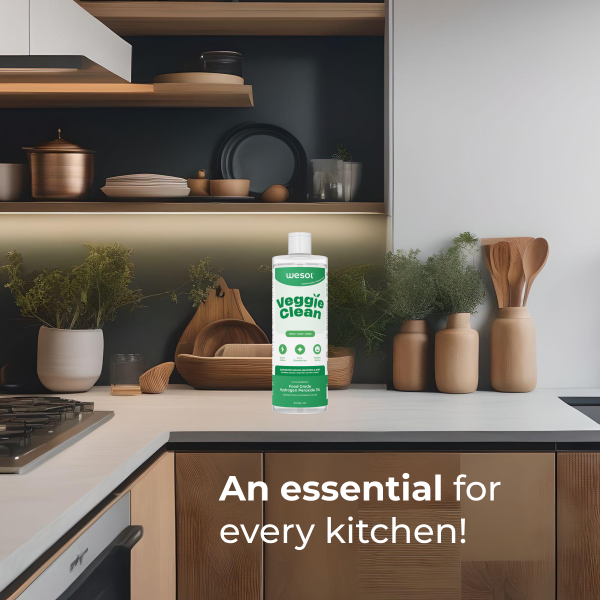 Wesol Veggie Clean Food Grade Hydrogen Peroxide 3% Vegetable and Fruit Wash Liquid, 1L, Surface Disinfectant, Eliminates Mould Bacteria and Dirt