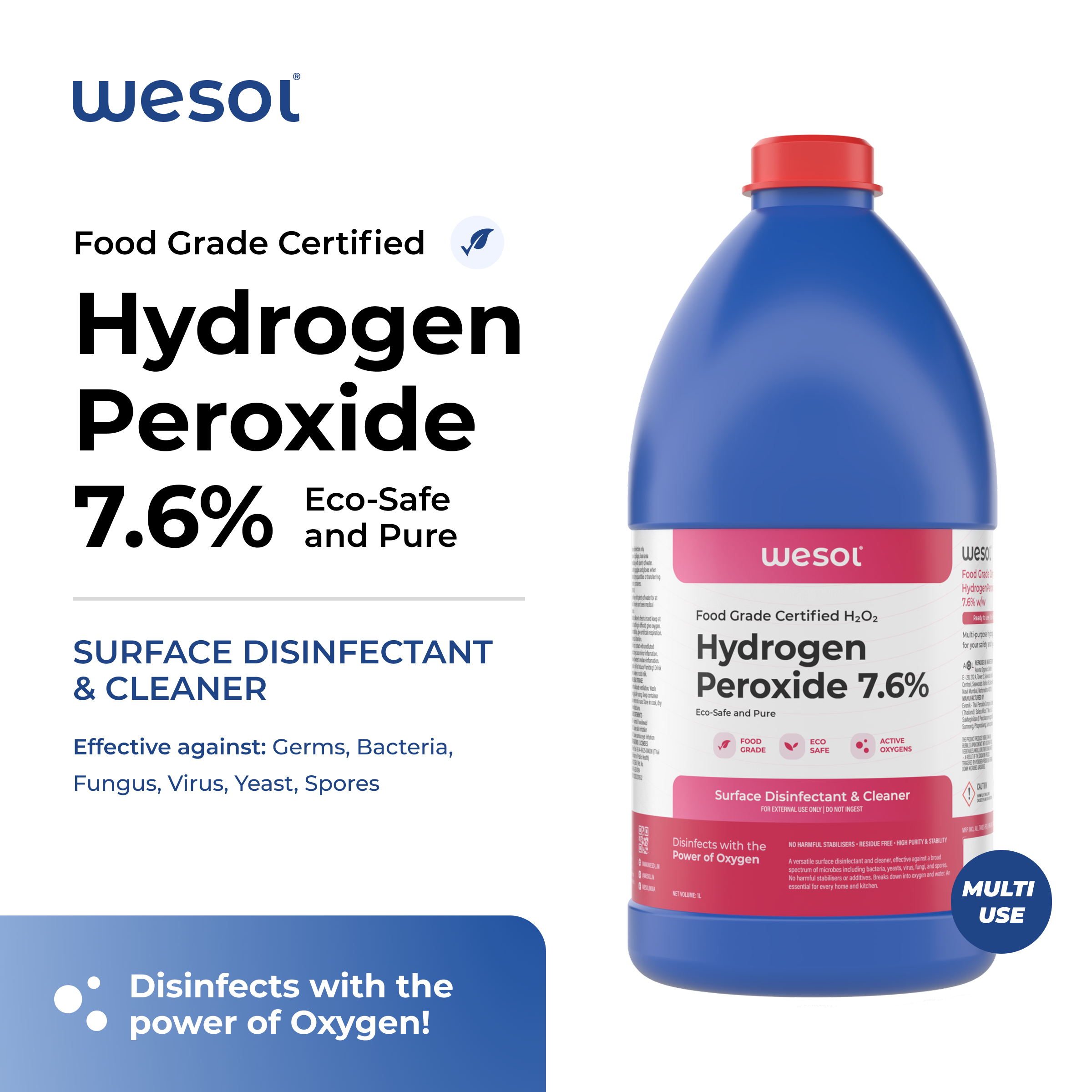 Wesol Hydrogen Peroxide 7.6% w/w (Food Grade) Floor Cleaner Solution 1 Litre | Best For Cleaning disinfection sterilization | Farming Gardening Hydroponics