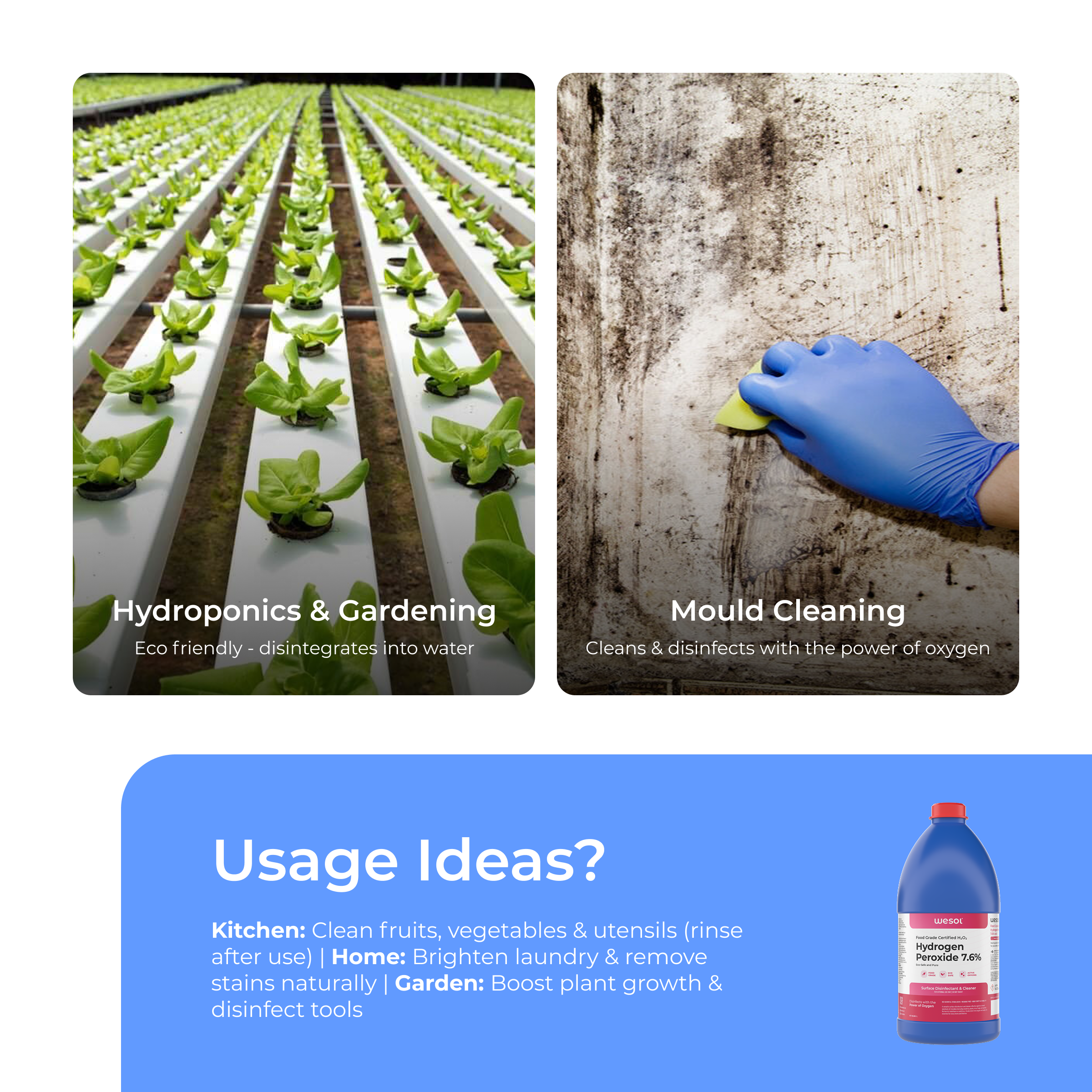 Wesol Hydrogen Peroxide 7.6% w/w (Food Grade) Floor Cleaner Solution | Best For Cleaning disinfection sterilization | Farming Gardening Hydroponics