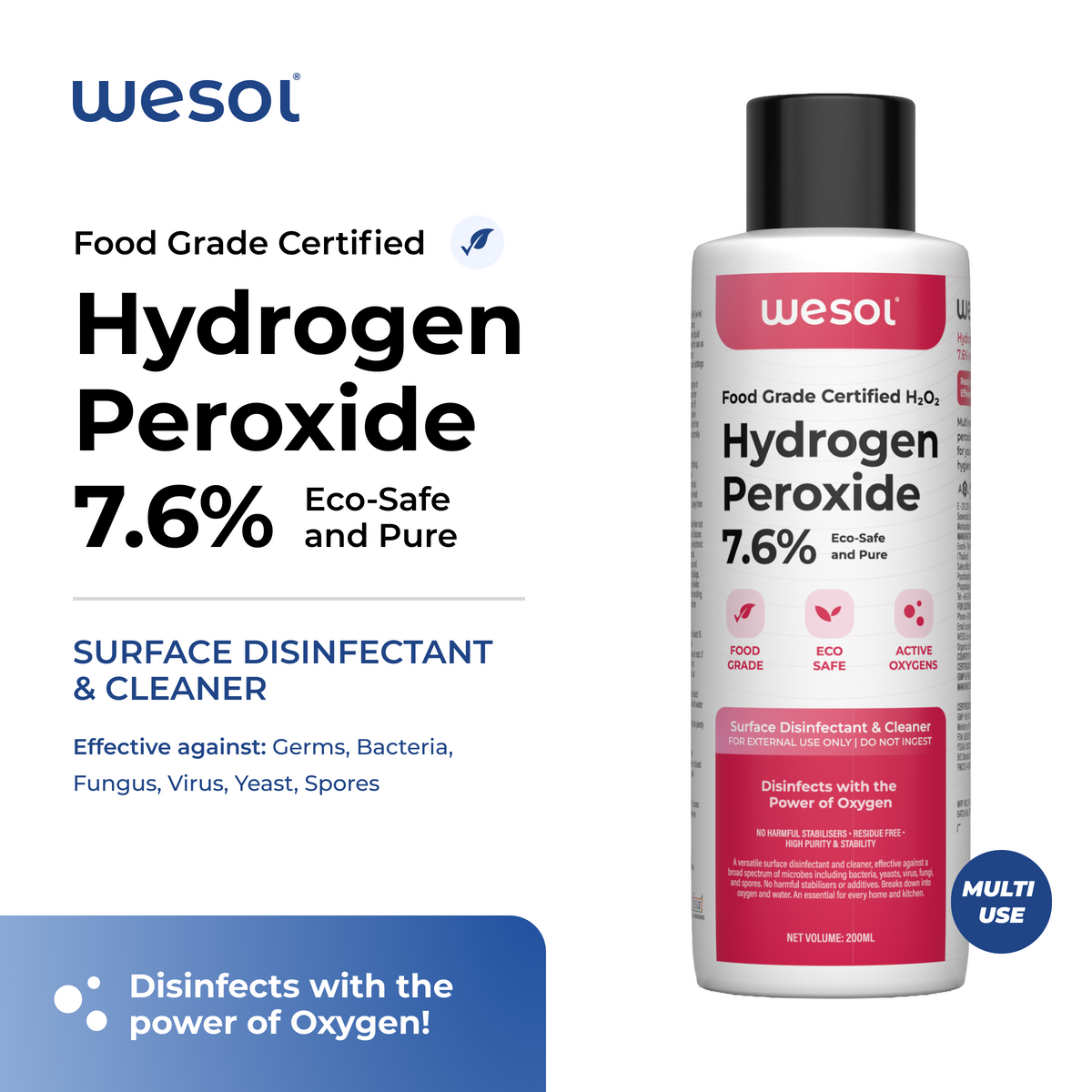 Wesol Hydrogen Peroxide 7.6% w/w (Food Grade) Floor Cleaner Solution 200ml | Best For Cleaning disinfection sterilization | Farming Gardening Hydroponics
