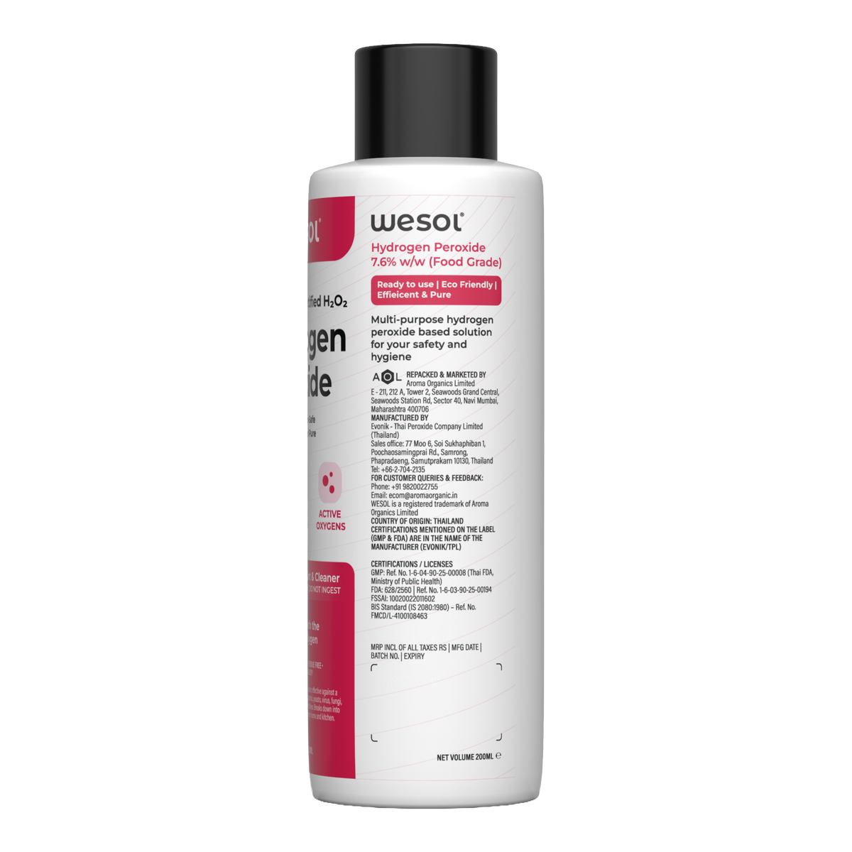 Wesol Hydrogen Peroxide 7.6% w/w (Food Grade) Floor Cleaner Solution 200ml | Best For Cleaning disinfection sterilization | Farming Gardening Hydroponics