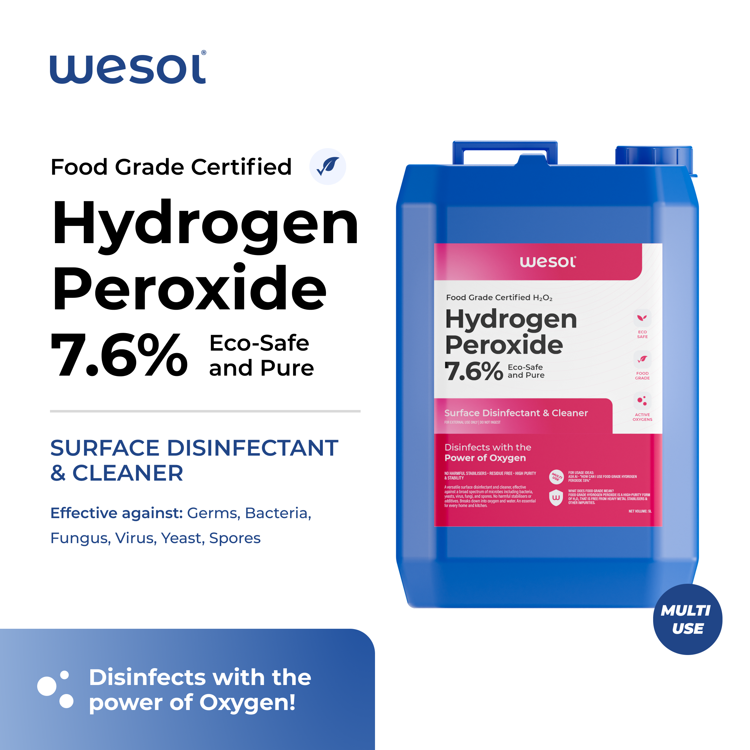 Wesol Hydrogen Peroxide 7.6% w/w (Food Grade) Floor Cleaner Solution | Best For Cleaning disinfection sterilization | Farming Gardening Hydroponics