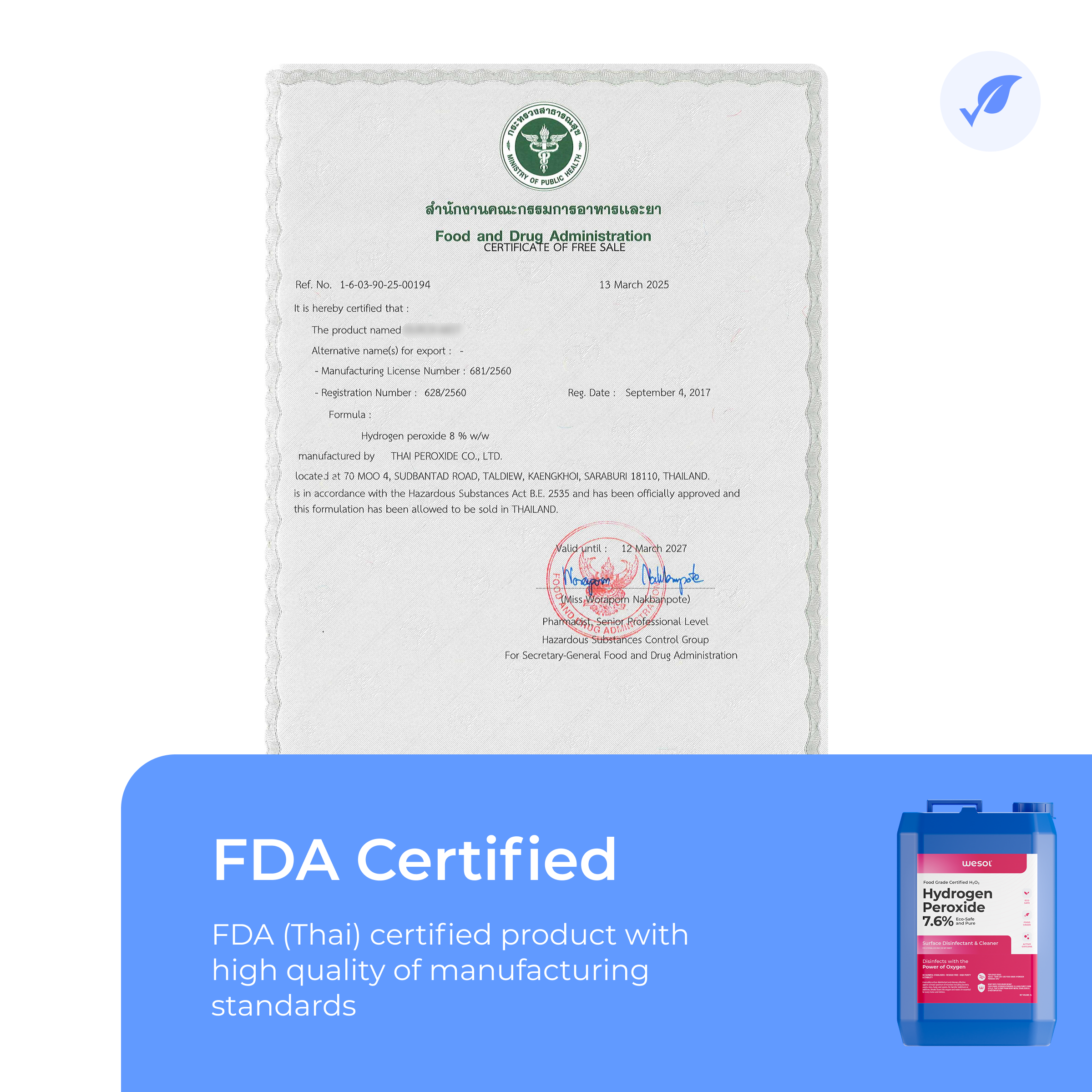 Wesol Hydrogen Peroxide 7.6% w/w (Food Grade) Floor Cleaner Solution | Best For Cleaning disinfection sterilization | Farming Gardening Hydroponics