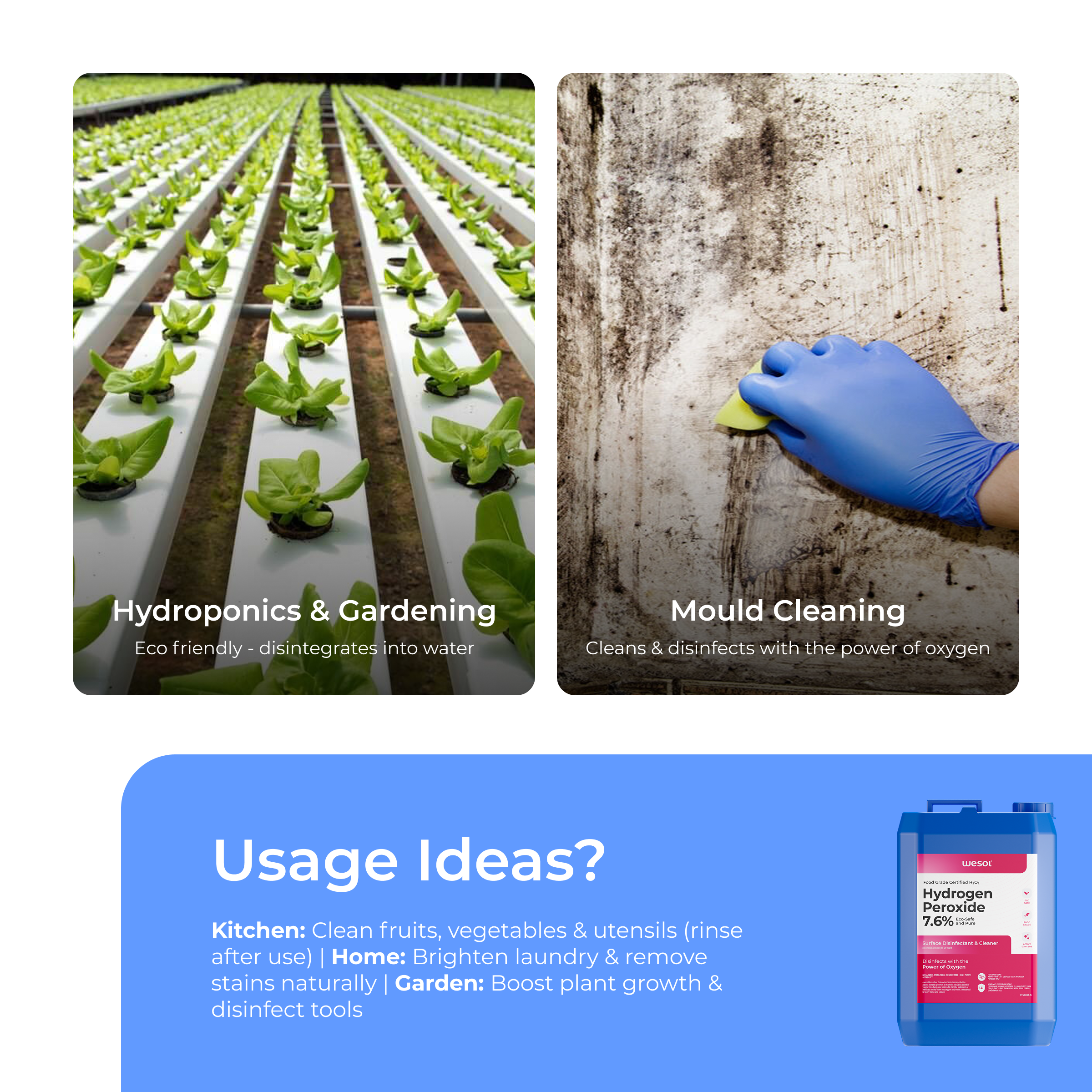 Wesol Hydrogen Peroxide 7.6% w/w (Food Grade) Floor Cleaner Solution | Best For Cleaning disinfection sterilization | Farming Gardening Hydroponics