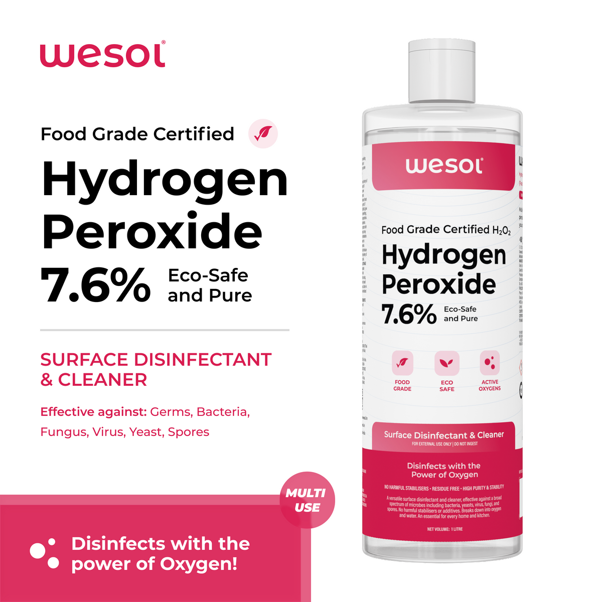 Wesol Hydrogen Peroxide 7.6% w/w (Food Grade) Floor Cleaner Solution 1 Litre | Best For Cleaning disinfection sterilization | Farming Gardening Hydroponics