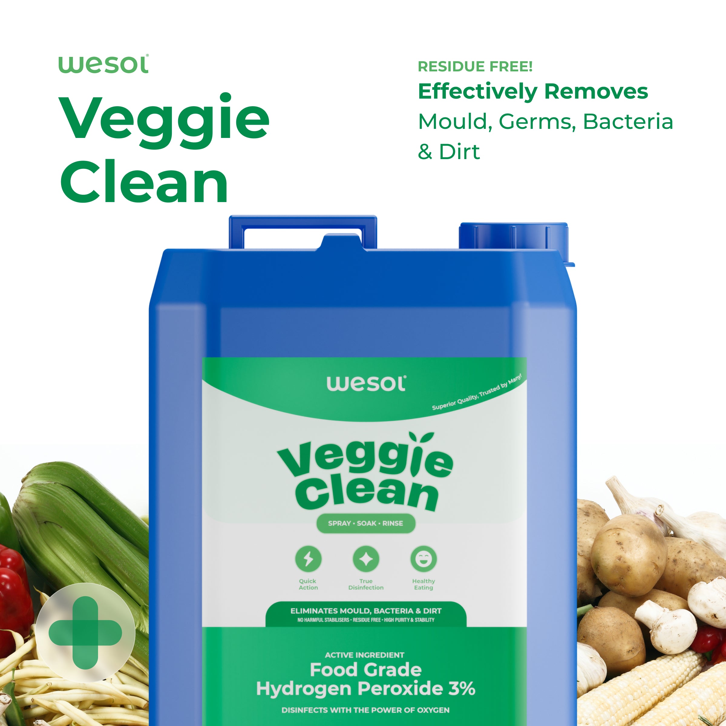 Wesol Vegetable Wash Liquid Hydrogen Peroxide 3% w/w Food Grade 5L Multi-Use Disinfectant | Kills 99.9% Germs & Viruses | Best For Cleaning, General Disinfection, Food production units