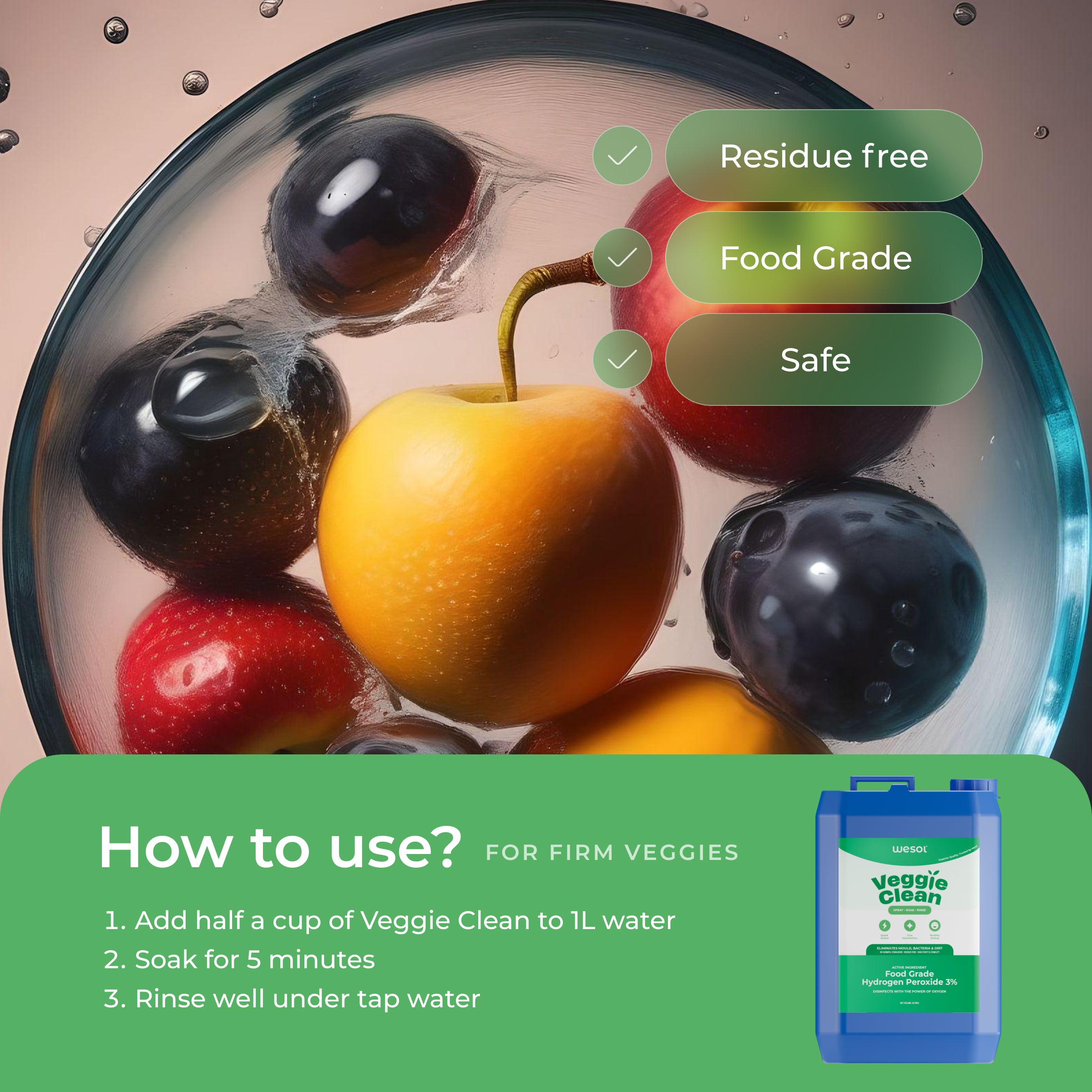 Wesol Vegetable Wash Liquid Hydrogen Peroxide 3% w/w Food Grade 5L Multi-Use Disinfectant | Kills 99.9% Germs & Viruses | Best For Cleaning, General Disinfection, Food production units