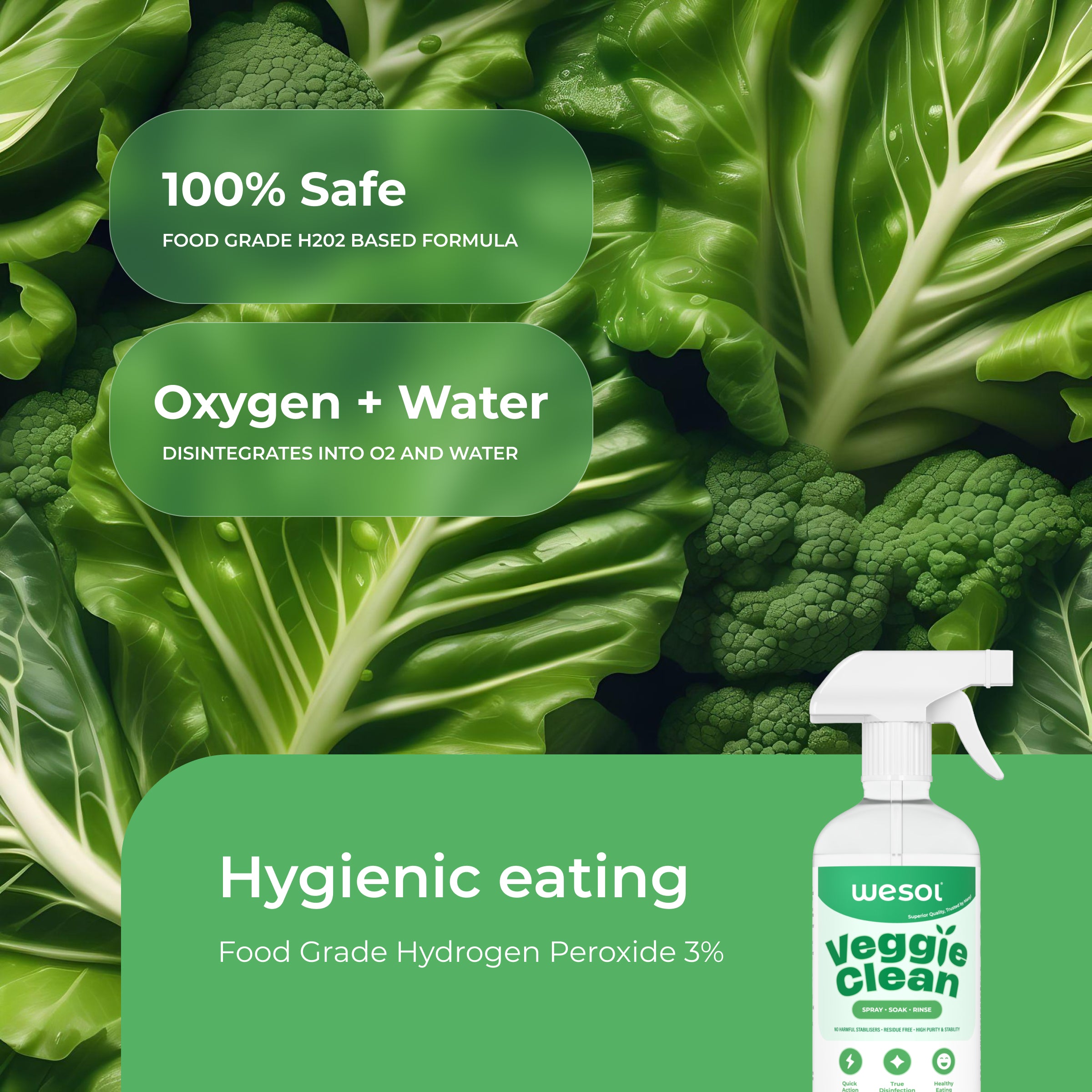 Wesol Vegetable Wash Liquid Hydrogen Peroxide 3% w/w Food Grade 500 ml Multi-Use Disinfectant | Kills 99.9% Germs & Viruses | Best For Cleaning, General Disinfection