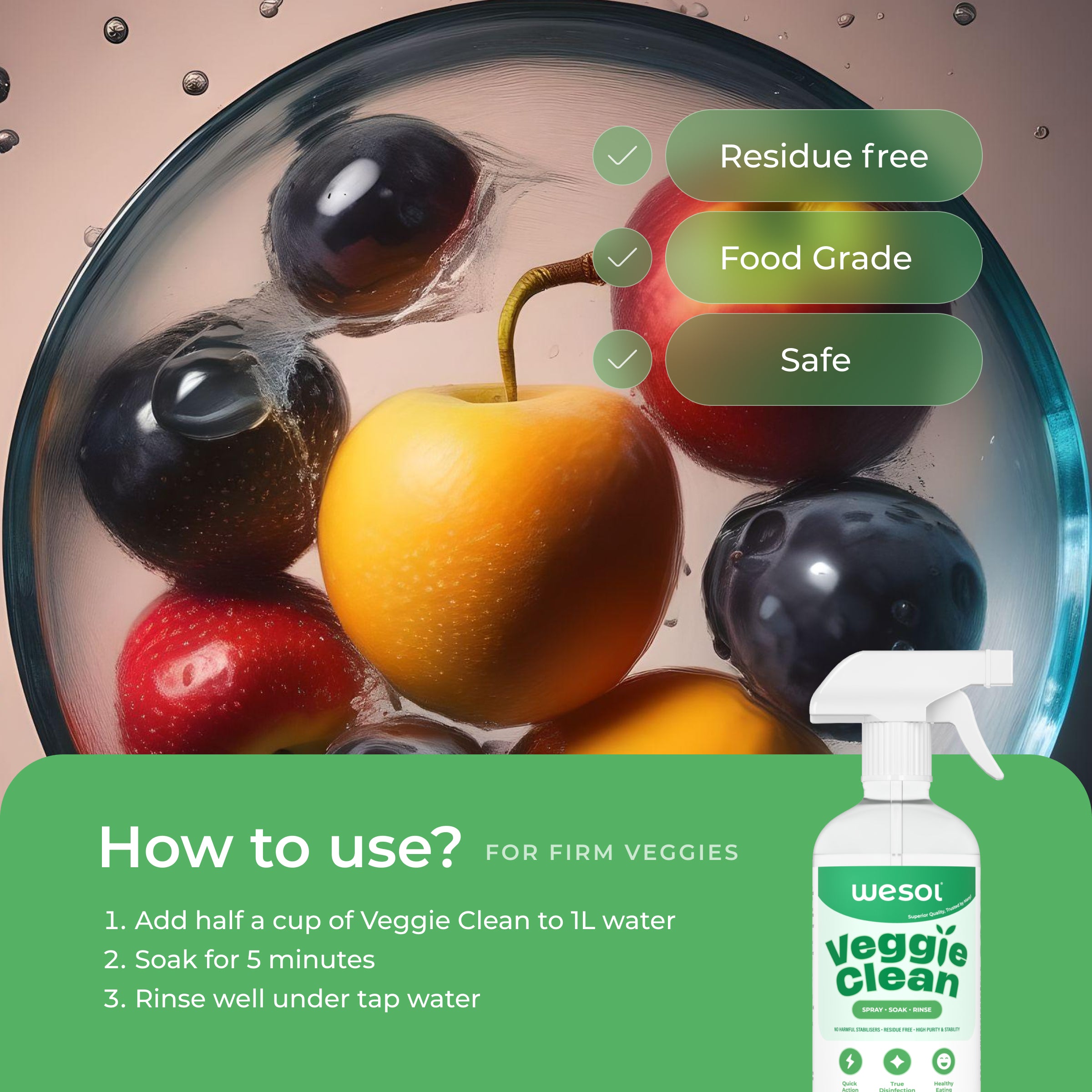 Wesol Vegetable Wash Liquid Hydrogen Peroxide 3% w/w Food Grade 500 ml Multi-Use Disinfectant | Kills 99.9% Germs & Viruses | Best For Cleaning, General Disinfection