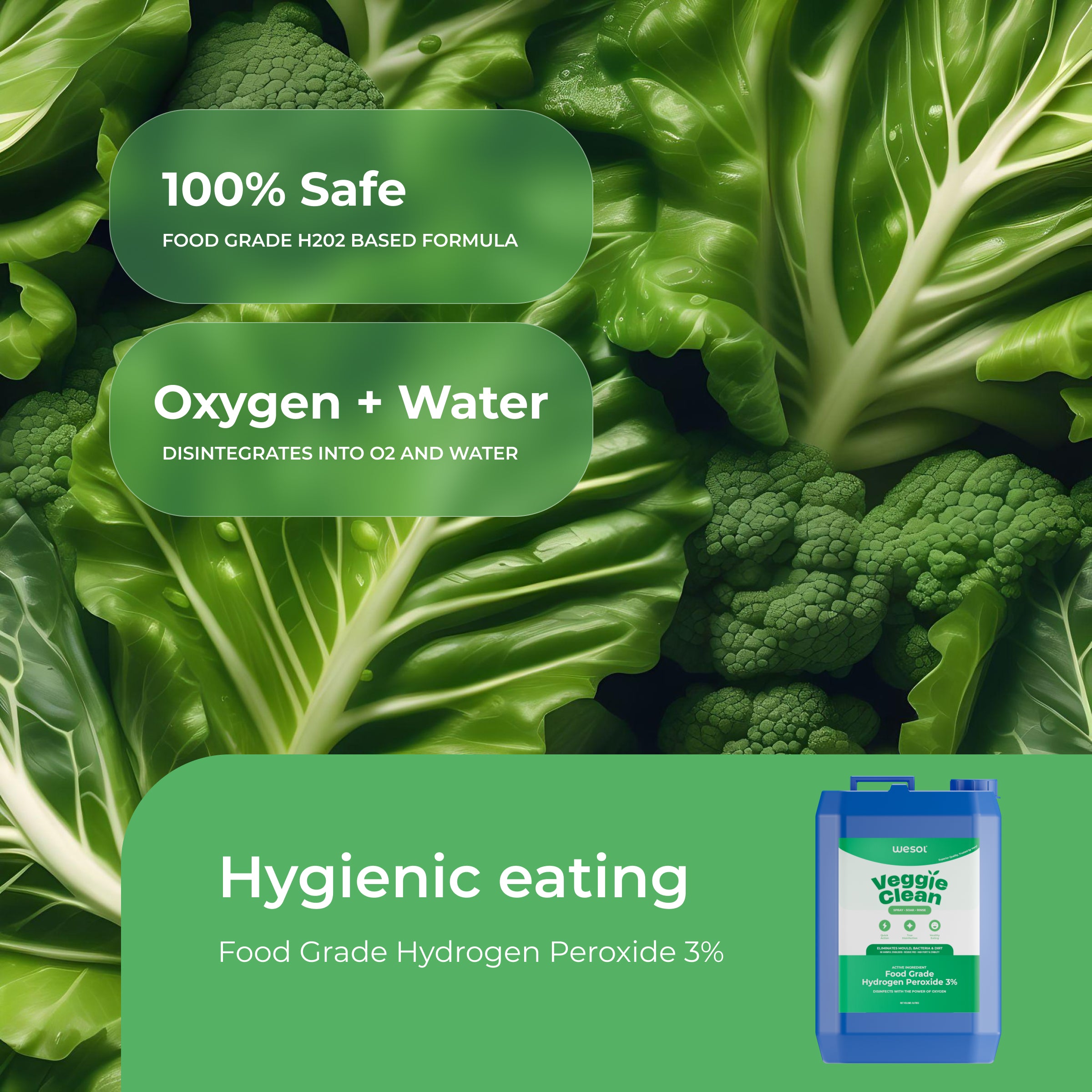 Wesol Vegetable Wash Liquid Hydrogen Peroxide 3% w/w Food Grade 5L Multi-Use Disinfectant | Kills 99.9% Germs & Viruses | Best For Cleaning, General Disinfection, Food production units