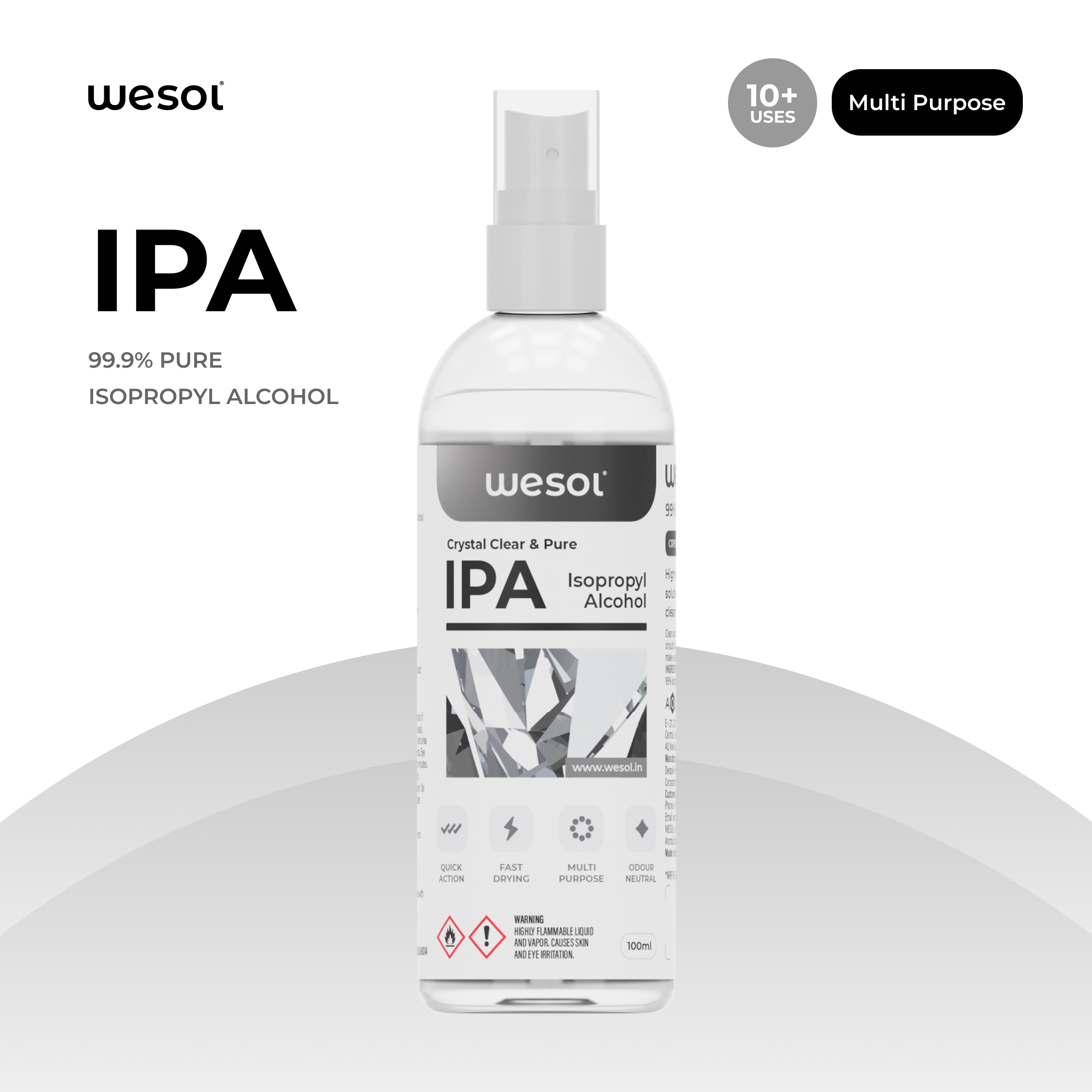 Wesol IPA Isopropyl alcohol 99.9% Spray | (CH3)2-CH-OH CAS: 67-63-0 | Premium Grade Pure without mixing | For Technical Use | 100ML Pack of 4