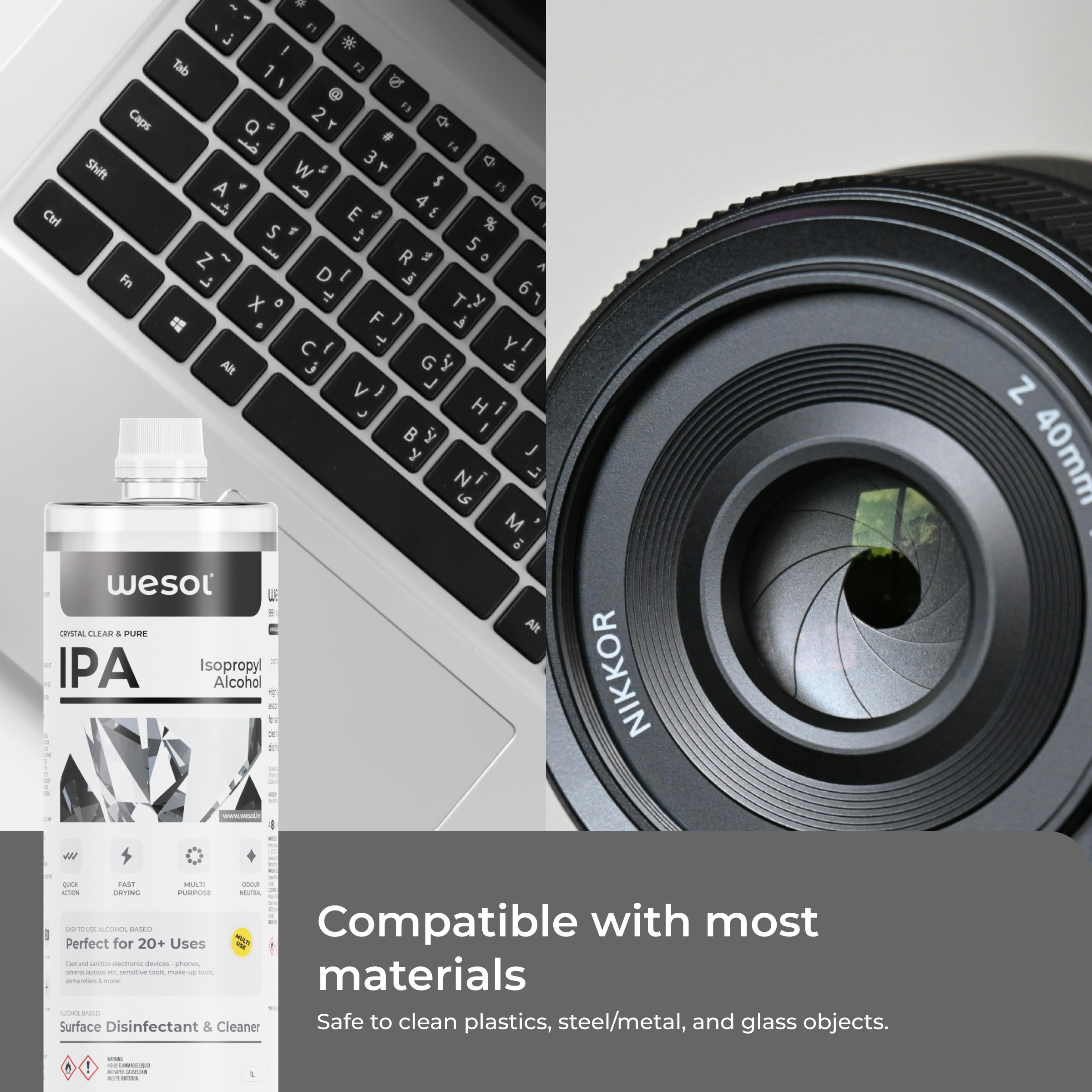 Wesol IPA Multi-Use Disinfectant and Cleaner 1Ltr 99.9% Pure Isopropyl Alcohol for Electronics, Gadgets, Make-up Tools 3D Printers