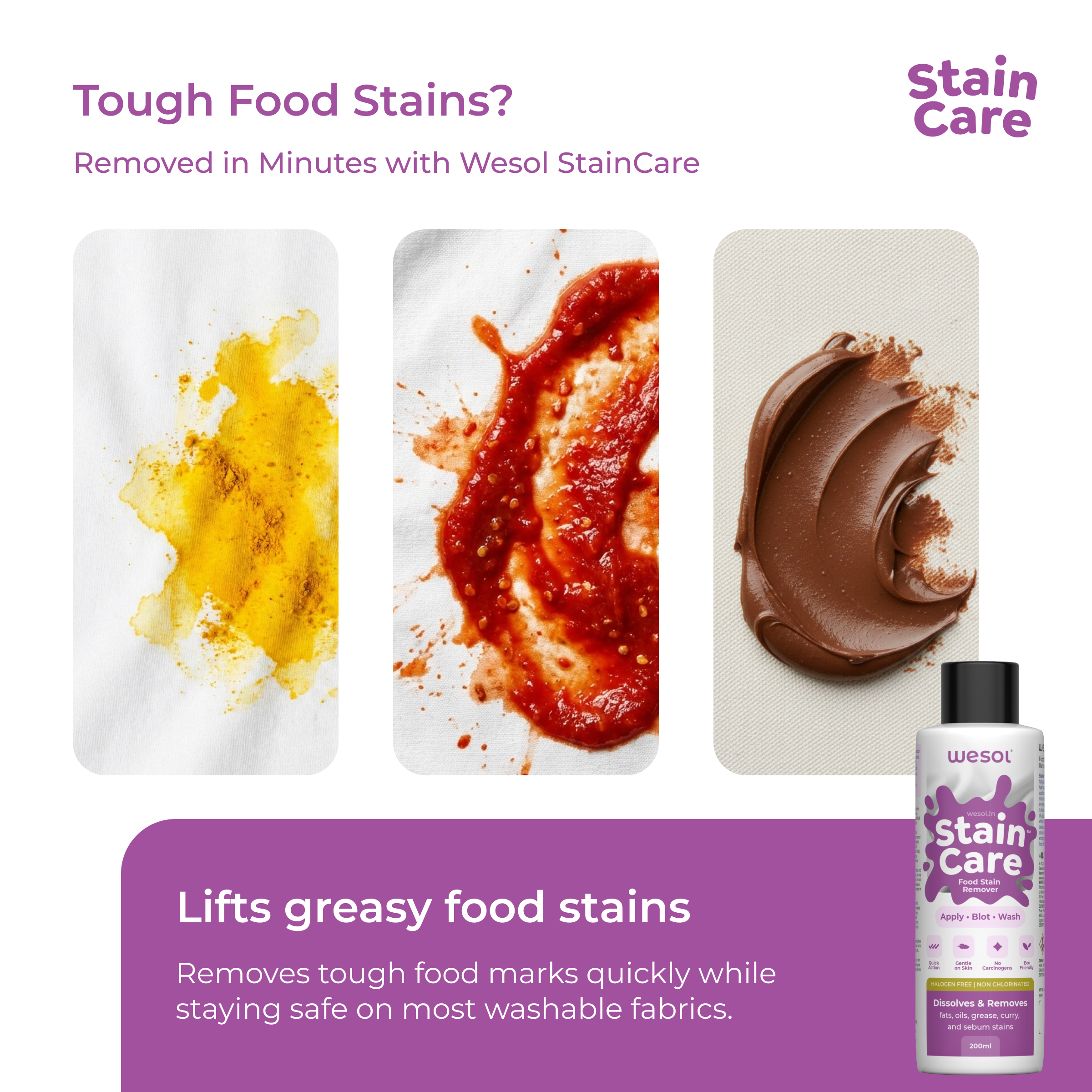 Wesol Stain Care Food Stain Remover, Halogen Free, Non Chlorinated, Gentle on Skin, 200ml