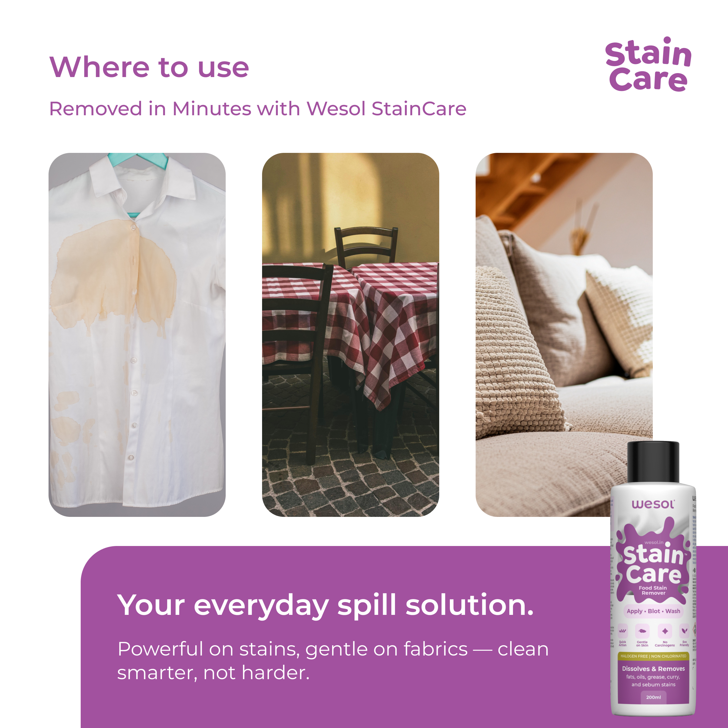 Wesol Stain Care Food Stain Remover, Halogen Free, Non Chlorinated, Gentle on Skin, 200ml