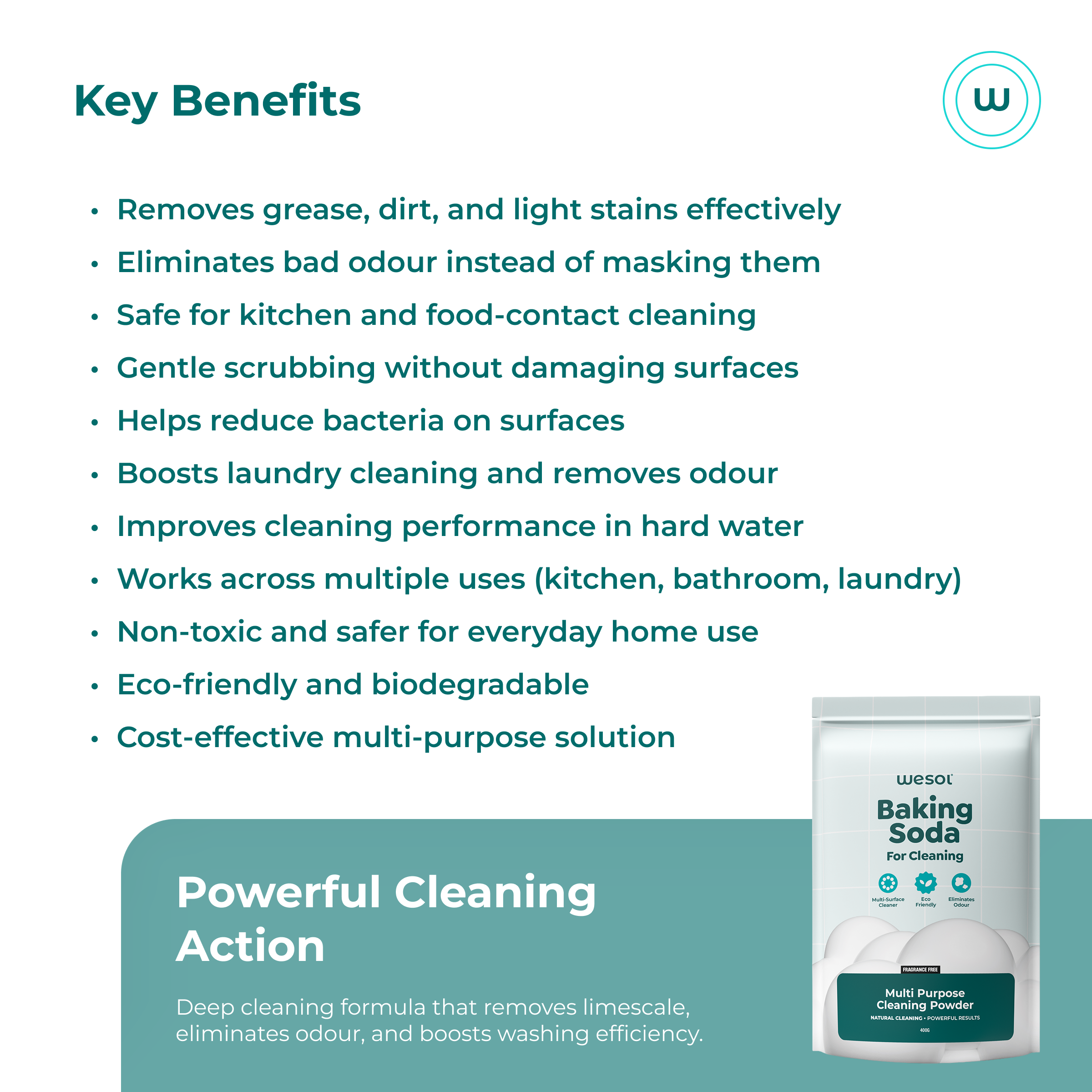 Wesol Baking Soda for Cleaning 400g – Multi-Purpose Cleaning Grade Powder | Removes Odor, Grease & Stains | Eco-Friendly Surface Cleaner for Kitchen, Bathroom, Laundry | Non-Toxic |