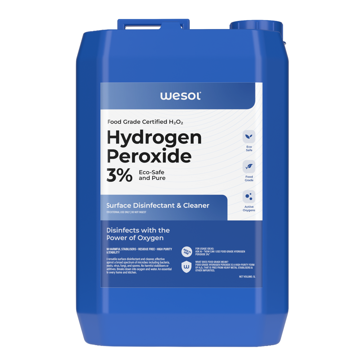 Wesol Hydrogen Peroxide 3% Food Grade | Multi-Use Disinfectant | Kills 99.9% Germs & Viruses | 5 Litre Pack - Best For Cleaning, General disinfection, deodorising, Hydroponics, Food production