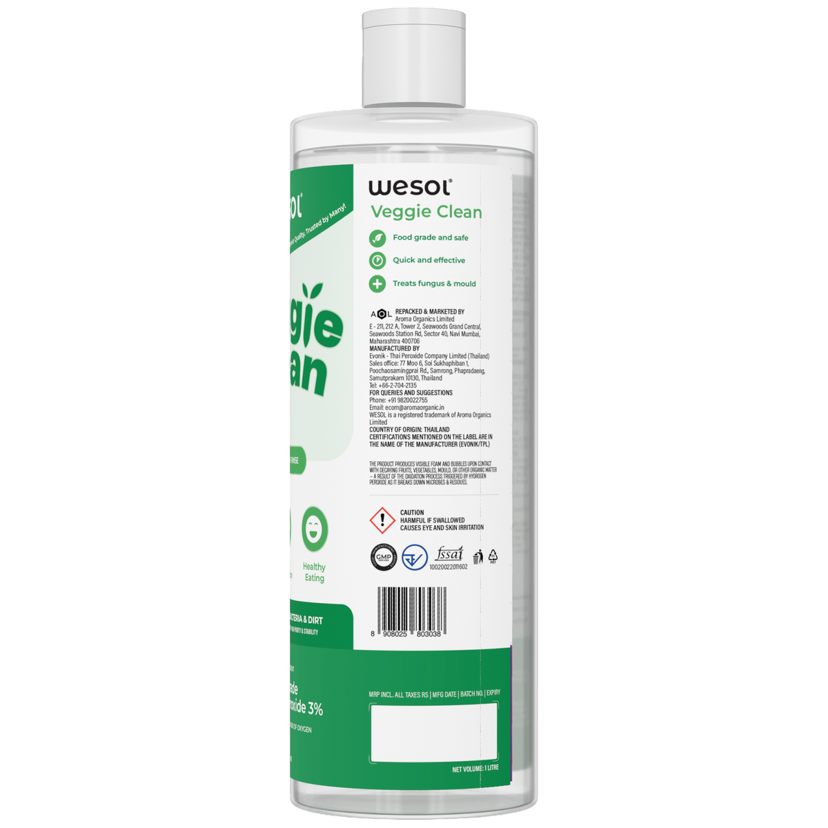 Wesol Veggie Clean Food Grade Hydrogen Peroxide 3% Vegetable and Fruit Wash Liquid, 1L, Surface Disinfectant, Eliminates Mould Bacteria and Dirt