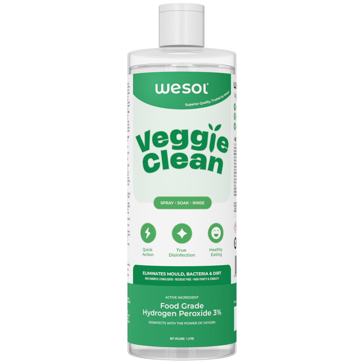 Wesol Veggie Clean Food Grade Hydrogen Peroxide 3% Vegetable and Fruit Wash Liquid, 1L, Surface Disinfectant, Eliminates Mould Bacteria and Dirt