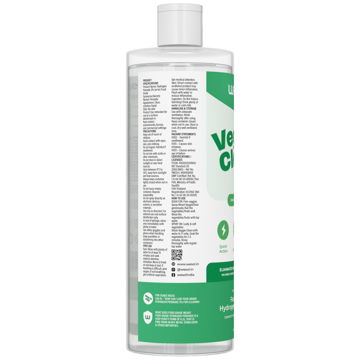Wesol Veggie Clean Food Grade Hydrogen Peroxide 3% Vegetable and Fruit Wash Liquid, 1L, Surface Disinfectant, Eliminates Mould Bacteria and Dirt