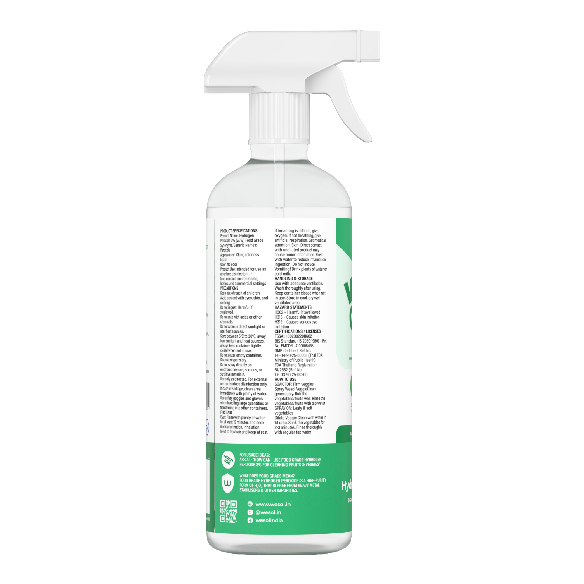 Wesol Vegetable Wash Liquid Hydrogen Peroxide 3% w/w Food Grade 500 ml Multi-Use Disinfectant | Kills 99.9% Germs & Viruses | Best For Cleaning, General Disinfection