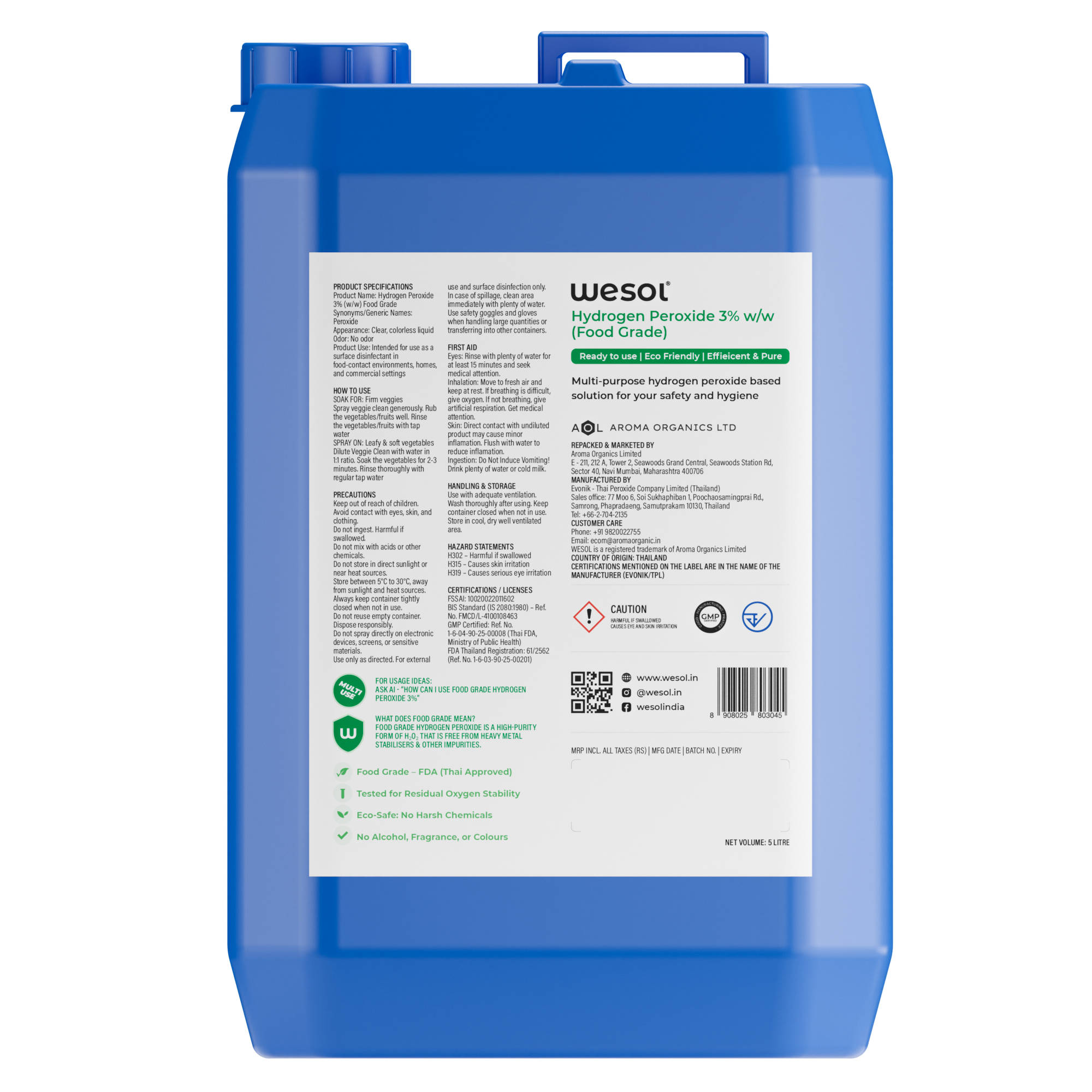 Wesol Vegetable Wash Liquid Hydrogen Peroxide 3% w/w Food Grade 5L Multi-Use Disinfectant | Kills 99.9% Germs & Viruses | Best For Cleaning, General Disinfection, Food production units