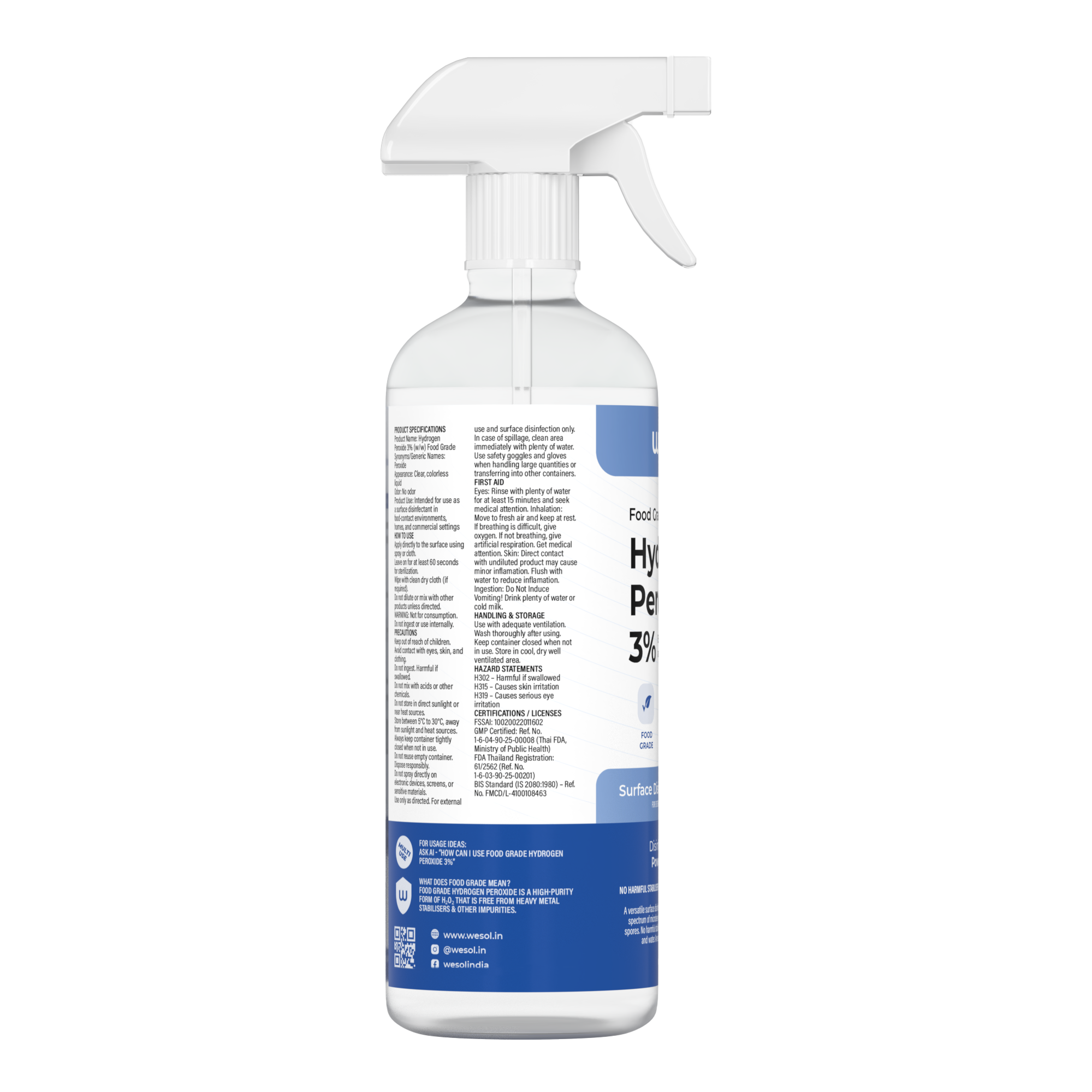 Wesol Hydrogen Peroxide 3% Food Grade | Multi-Use Disinfectant | Kills 99.9% Germs & Viruses | 500ml Pack - Best For Cleaning, General disinfection, deodorising, Hydroponics, Food production