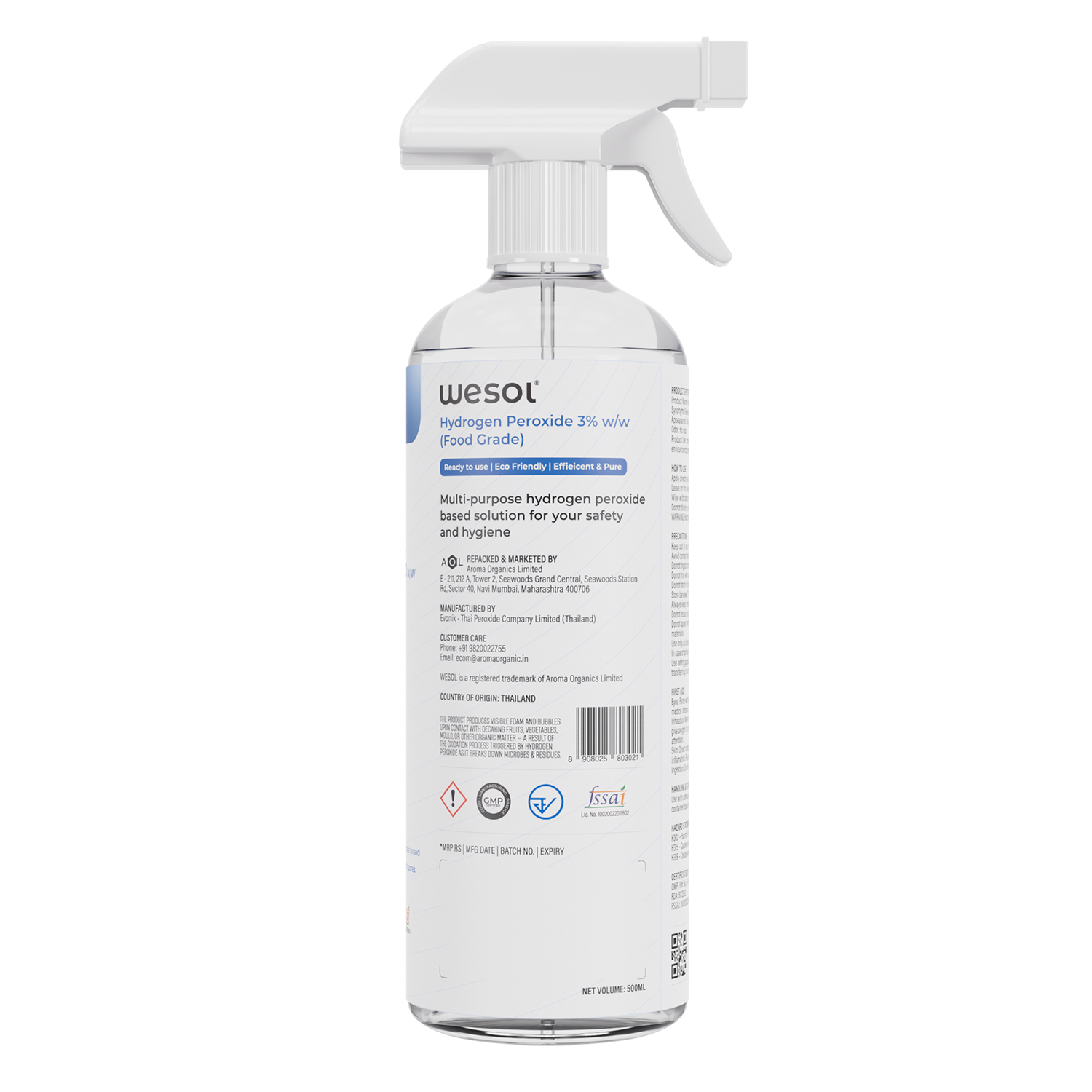 Wesol Hydrogen Peroxide 3% Food Grade | Multi-Use Disinfectant | Kills 99.9% Germs & Viruses | 500ml Pack - Best For Cleaning, General disinfection, deodorising, Hydroponics, Food production