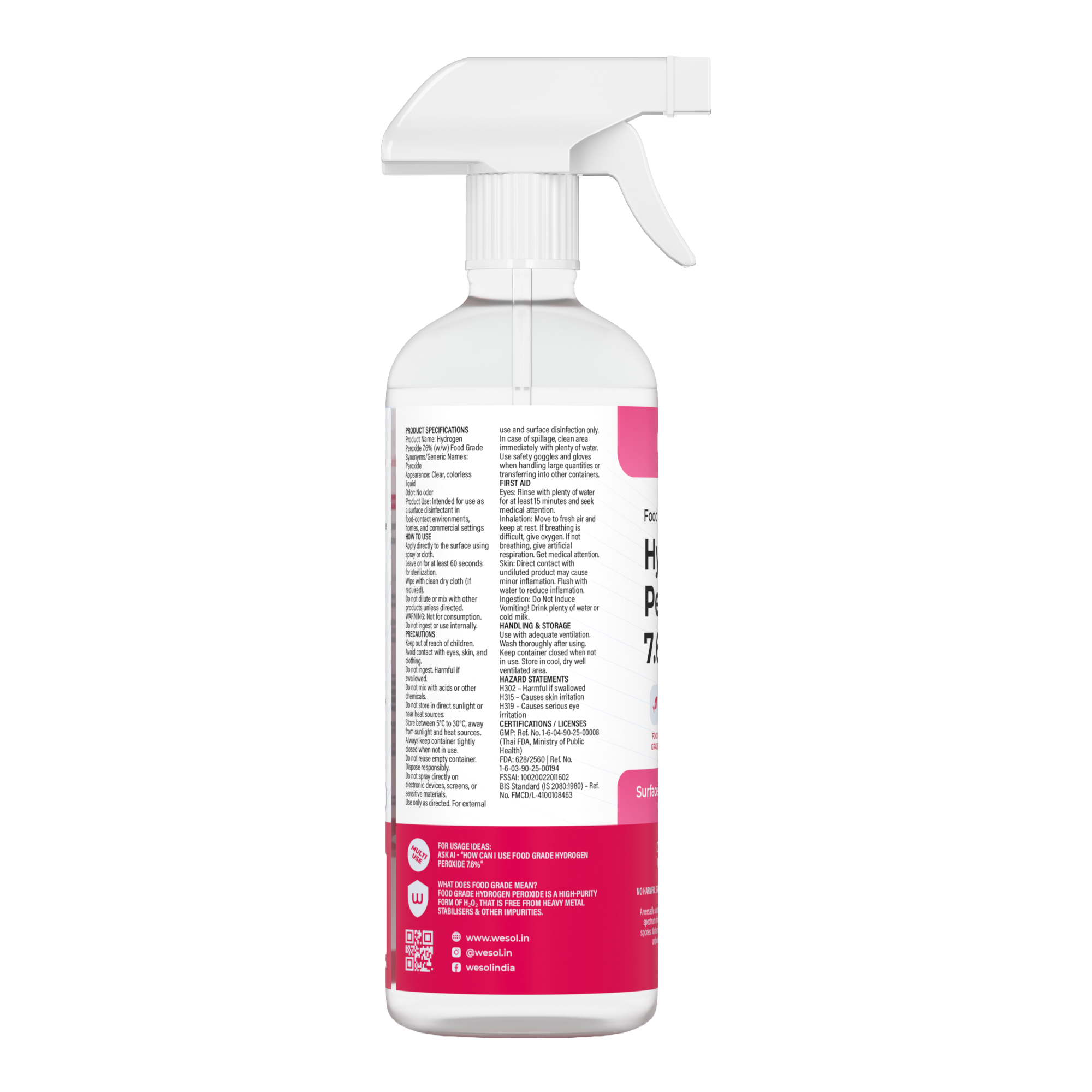 Wesol Hydrogen Peroxide 7.6% Food Grade Surface Disinfectant and Cleaner, 500ml Spray Bottle, Multipurpose Solution for Cleaning, Sterilisation, Farming, Gardening, Hydroponics Microgreens