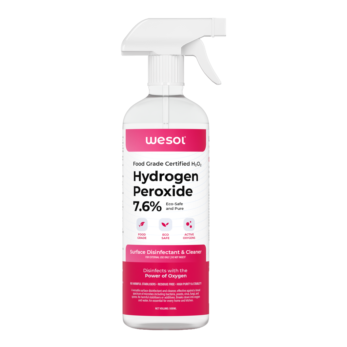 Wesol Hydrogen Peroxide 7.6% Food Grade Surface Disinfectant and Cleaner, 500ml Spray Bottle, Multipurpose Solution for Cleaning, Sterilisation, Farming, Gardening, Hydroponics Microgreens