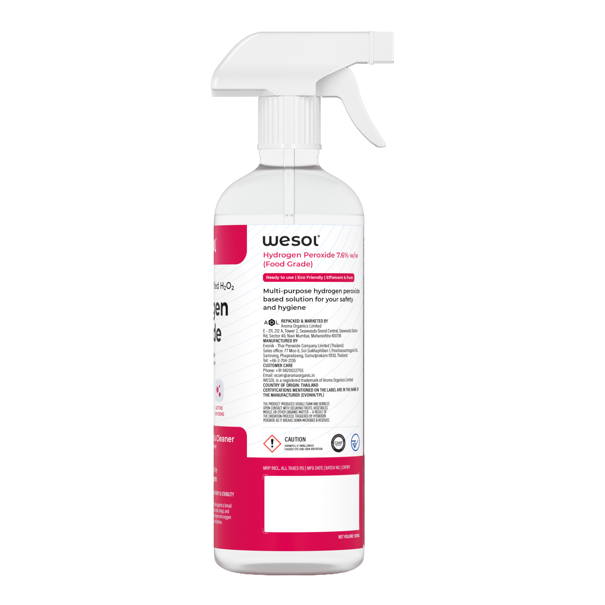 Wesol Hydrogen Peroxide 7.6% Food Grade Surface Disinfectant and Cleaner, 500ml Spray Bottle, Multipurpose Solution for Cleaning, Sterilisation, Farming, Gardening, Hydroponics Microgreens