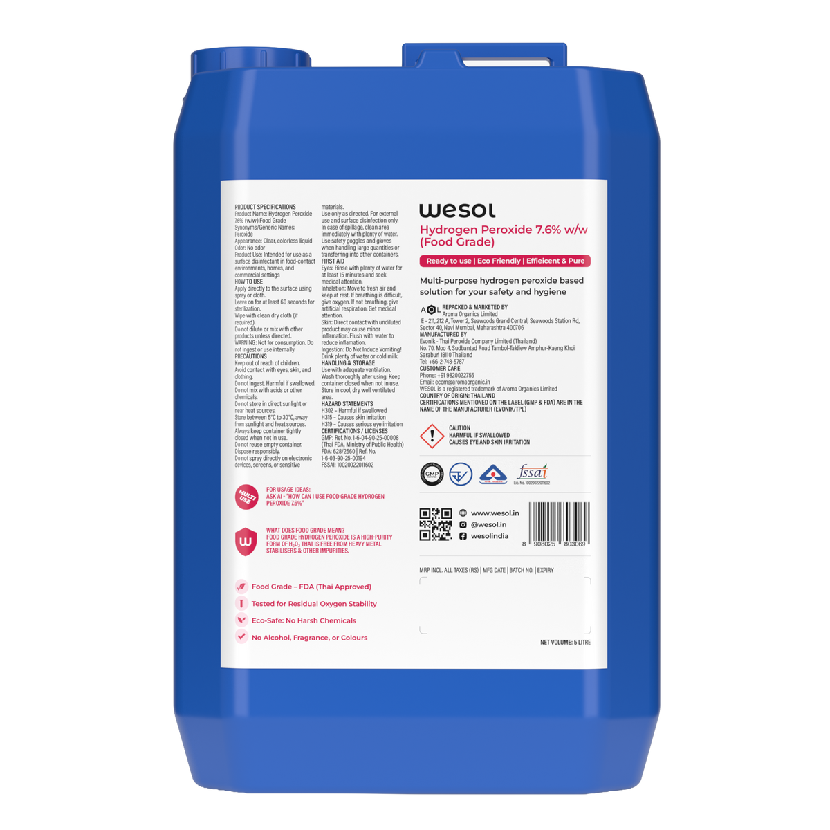 Wesol Hydrogen Peroxide 7.6% w/w (Food Grade) Floor Cleaner Solution | Best For Cleaning disinfection sterilization | Farming Gardening Hydroponics