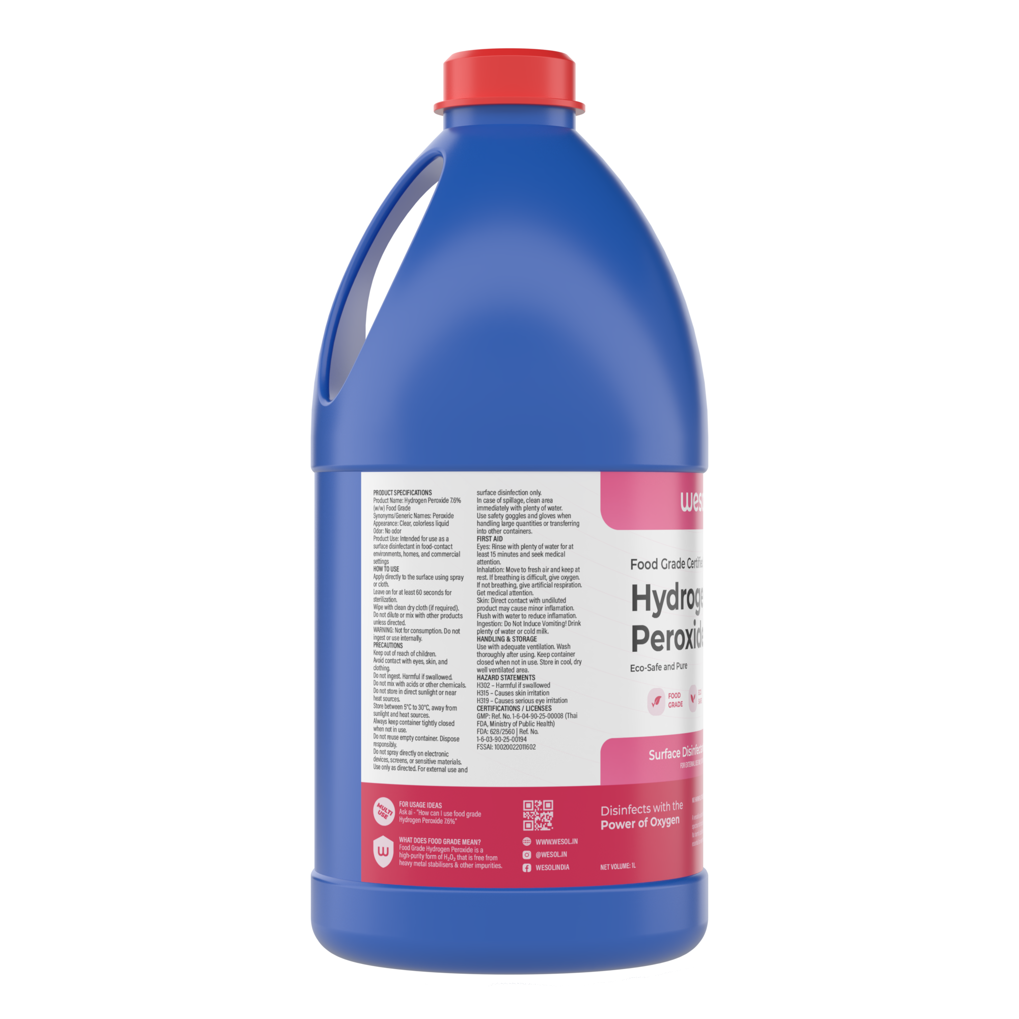 Wesol Hydrogen Peroxide 7.6% w/w (Food Grade) Floor Cleaner Solution 1 Litre | Best For Cleaning disinfection sterilization | Farming Gardening Hydroponics