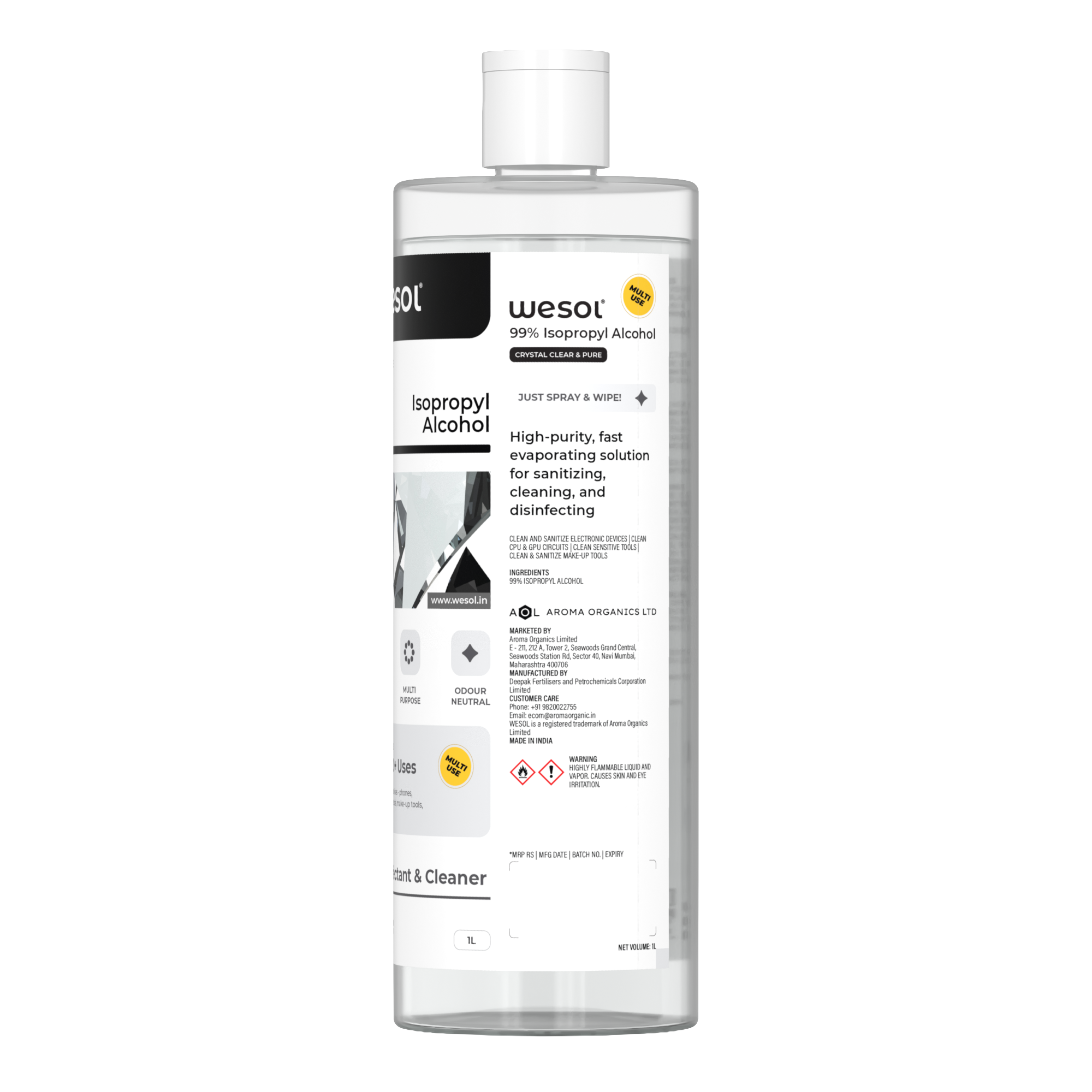 Wesol IPA Multi-Use Disinfectant and Cleaner 1Ltr 99.9% Pure Isopropyl Alcohol for Electronics, Gadgets, Make-up Tools 3D Printers