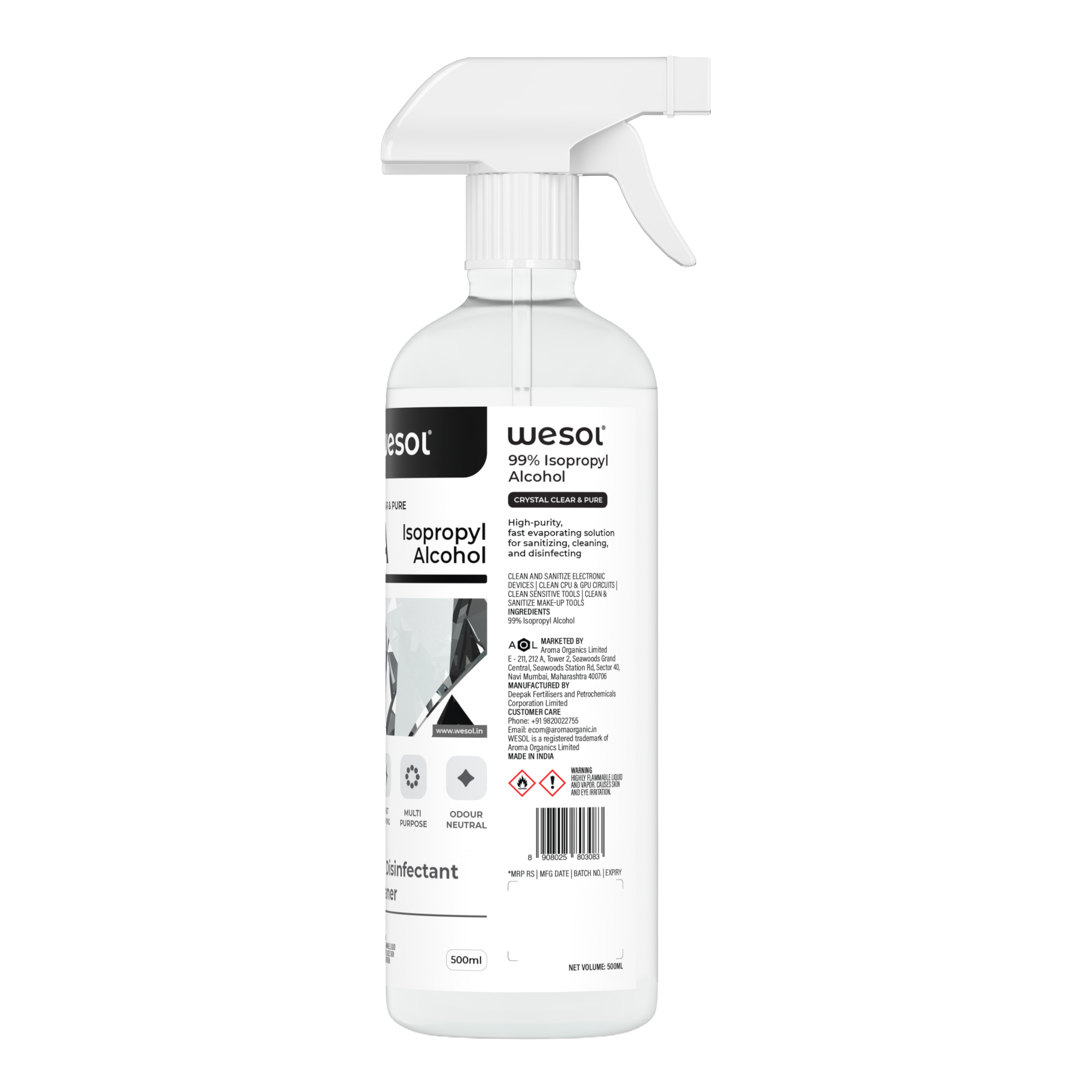 Wesol IPA Isopropyl alcohol 99.9% | (CH3)2-CH-OH CAS: 67-63-0 | Premium Grade Pure without mixing | For Technical Use | 500ml Pack of 2