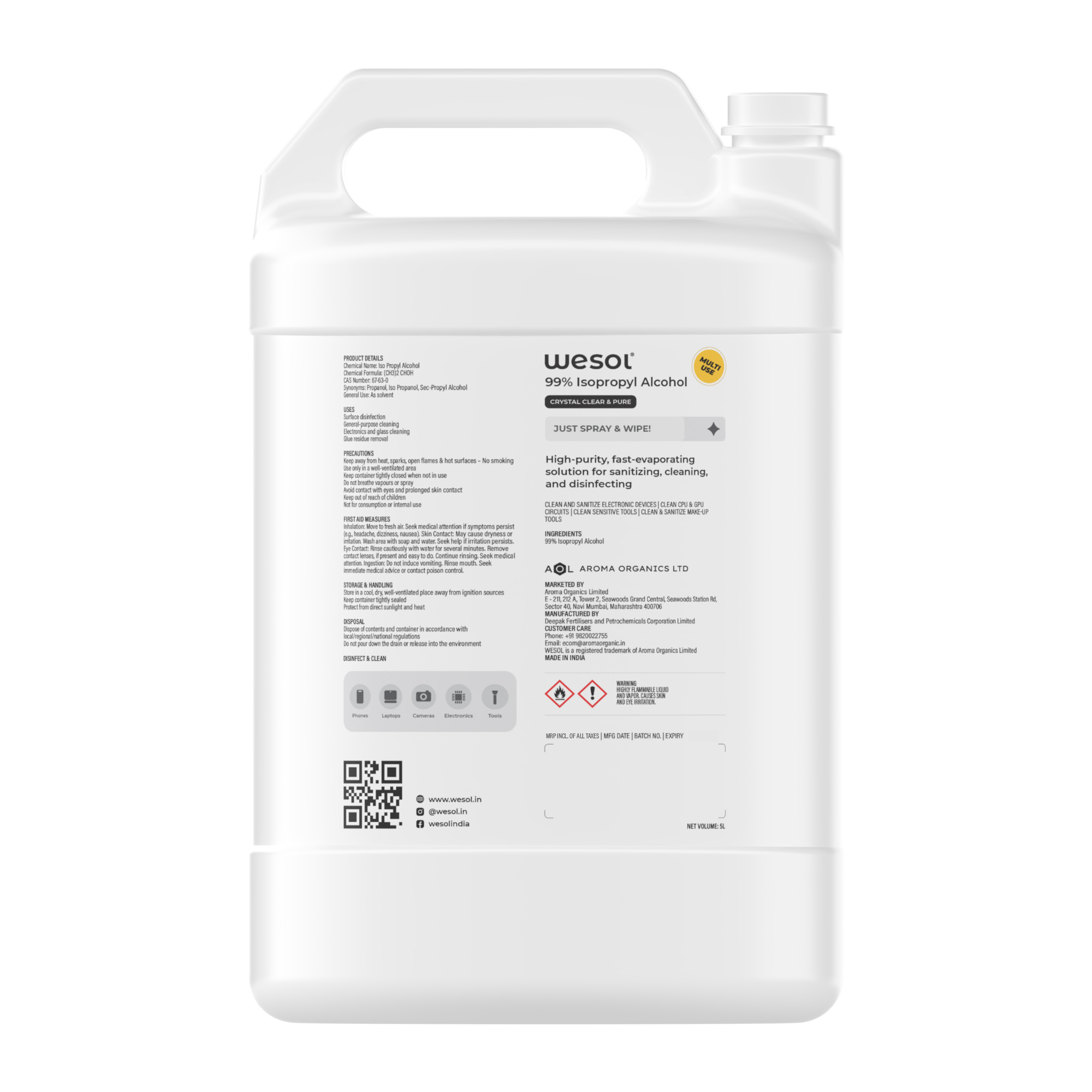 Wesol Isopropyl alcohol 99.9% IPA 5 Litre | (CH3)2-CH-OH CAS: 67-63-0 | Industrial Grade | Disinfecting Solution and Powerful Cleaning