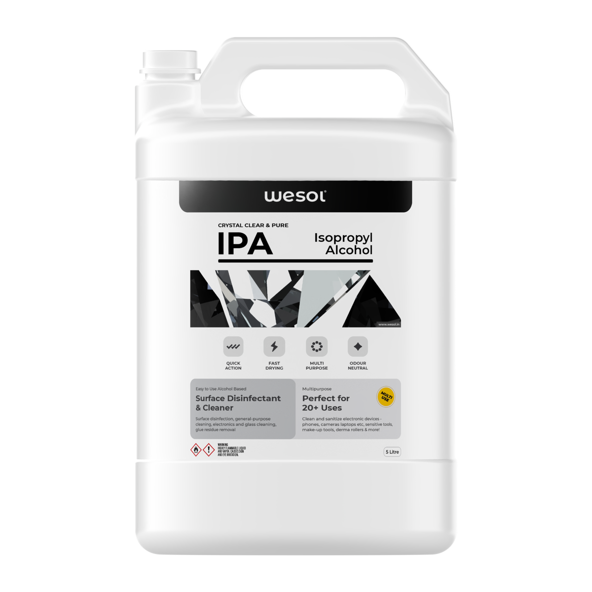 Wesol Isopropyl alcohol 99.9% IPA 5 Litre | (CH3)2-CH-OH CAS: 67-63-0 | Industrial Grade | Disinfecting Solution and Powerful Cleaning