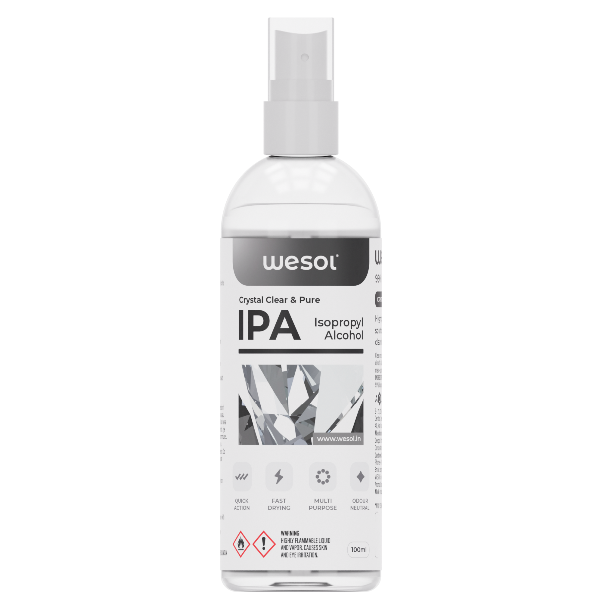 Wesol IPA Isopropyl alcohol 99.9% Spray | (CH3)2-CH-OH CAS: 67-63-0 | Premium Grade Pure without mixing | For Technical Use | 100ML Pack of 2