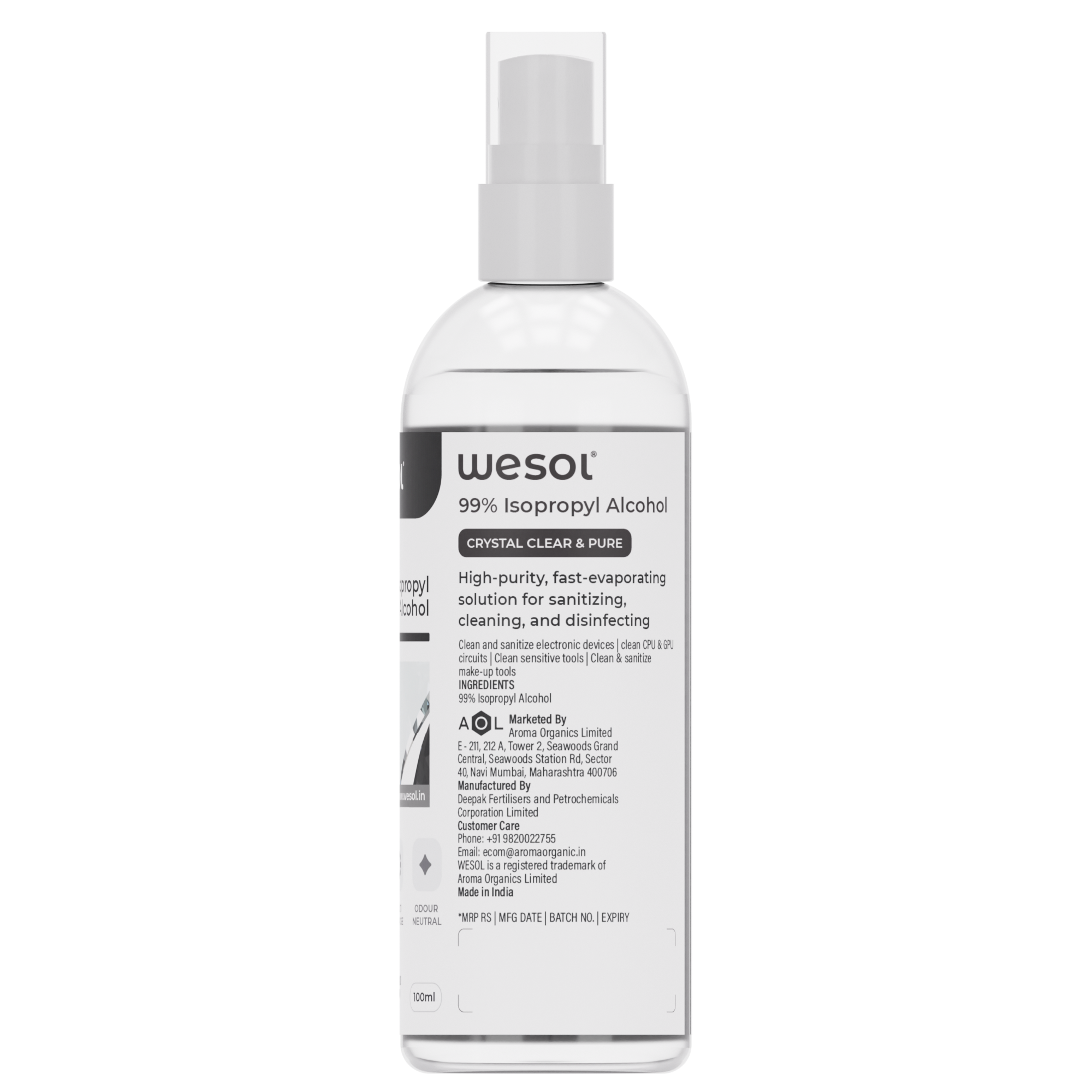 Wesol IPA Isopropyl alcohol 99.9% Spray | (CH3)2-CH-OH CAS: 67-63-0 | Premium Grade Pure without mixing | For Technical Use | 100ML Pack of 2