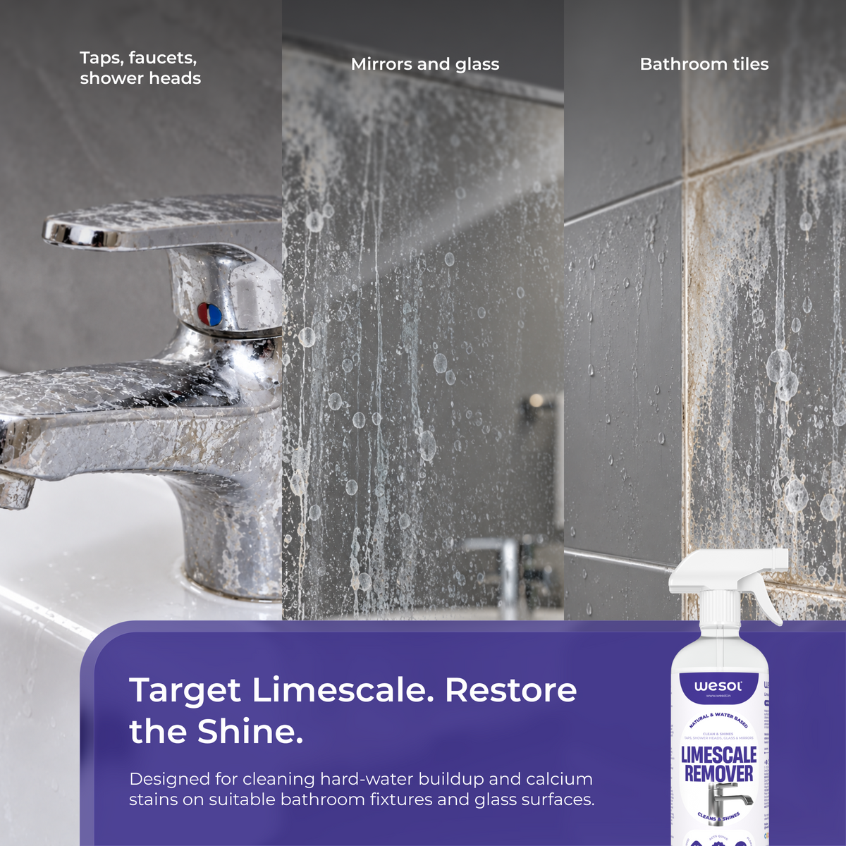 Wesol Limescale Remover 500ml | Natural & Water-Based Cleaning Solution | Best for Taps, Showerheads, Glass & Mirrors | Removes Limescale & Mineral Deposits | Cleans & Shines