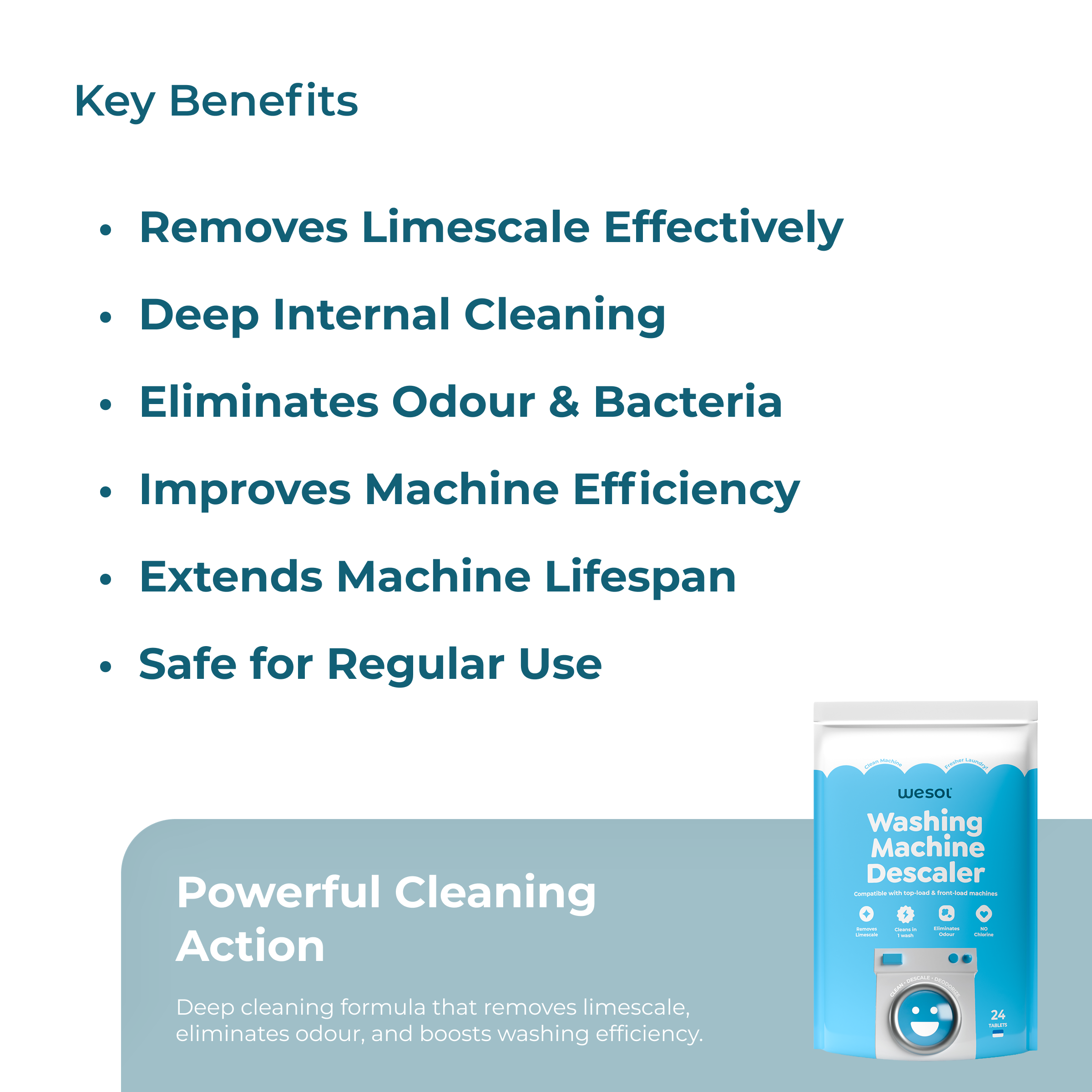 Wesol Washing Machine Descaler Tablets 24 Pack | Drum Cleaner for Front & Top Load | Removes Limescale, Odor & Residue | Improves Performance | Chlorine Free