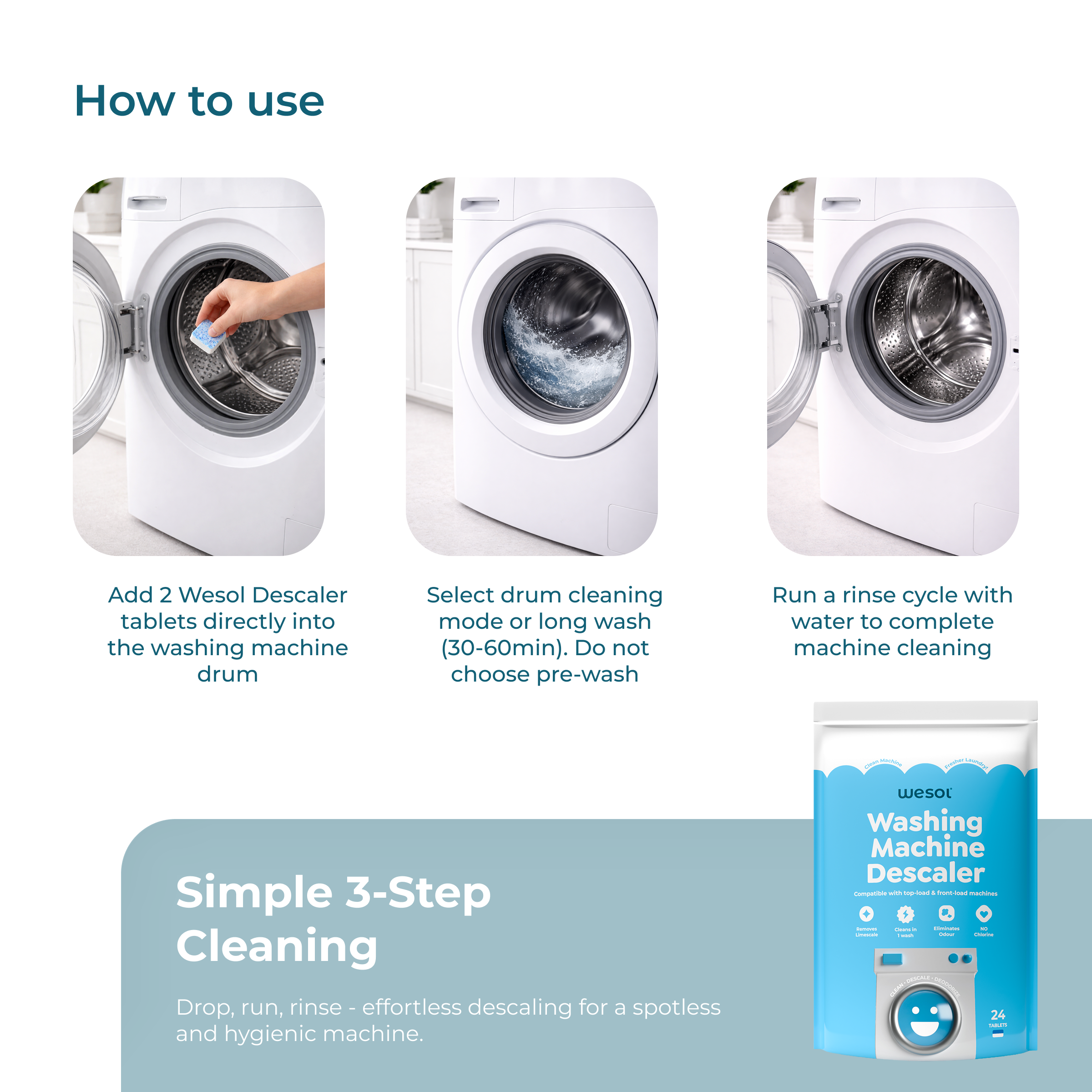 Wesol Washing Machine Descaler Tablets 24 Pack | Drum Cleaner for Front & Top Load | Removes Limescale, Odor & Residue | Improves Performance | Chlorine Free
