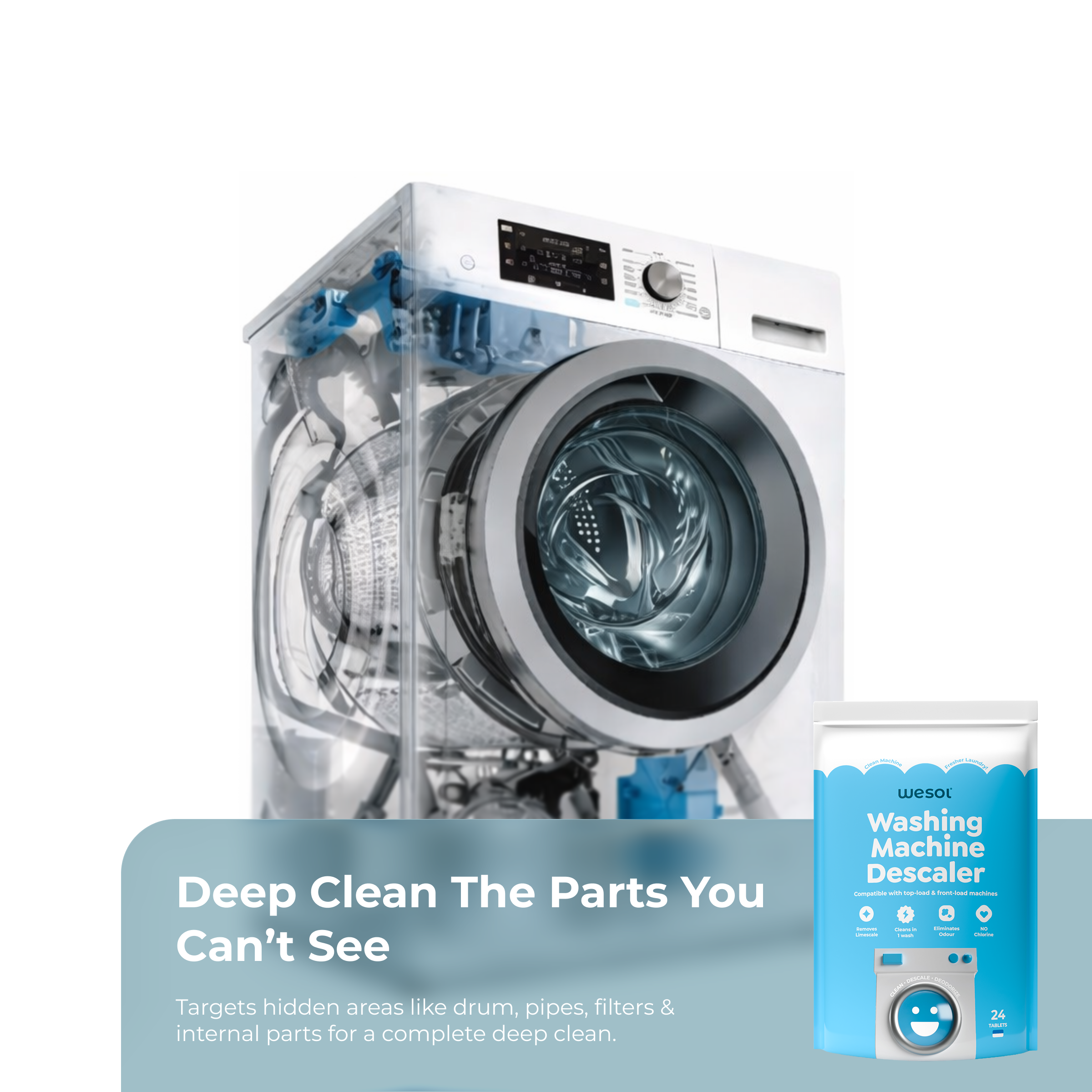 Wesol Washing Machine Descaler Tablets 24 Pack | Drum Cleaner for Front & Top Load | Removes Limescale, Odor & Residue | Improves Performance | Chlorine Free
