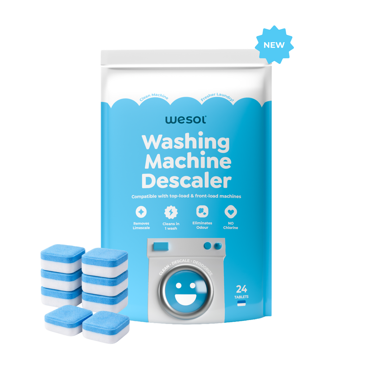 Wesol Washing Machine Descaler Tablets 24 Pack | Drum Cleaner for Front & Top Load | Removes Limescale, Odor & Residue | Improves Performance | Chlorine Free