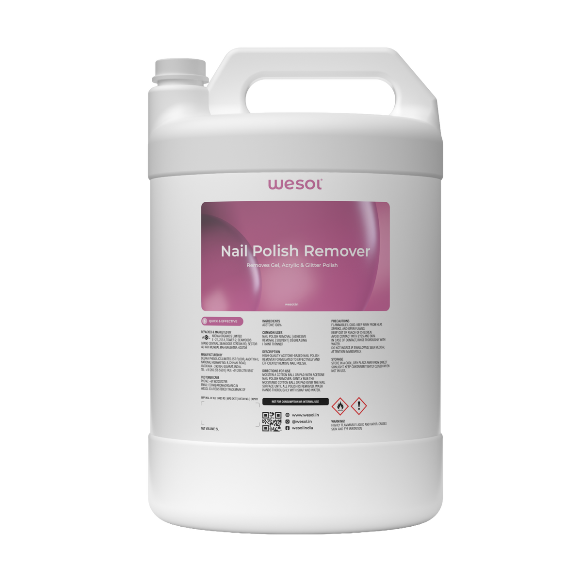 Wesol Acetone Nail Polish Remover 5L | 100% Pure Acetone | Gel, Glitter & Acrylic Remover | Fast-Action | Salon Grade