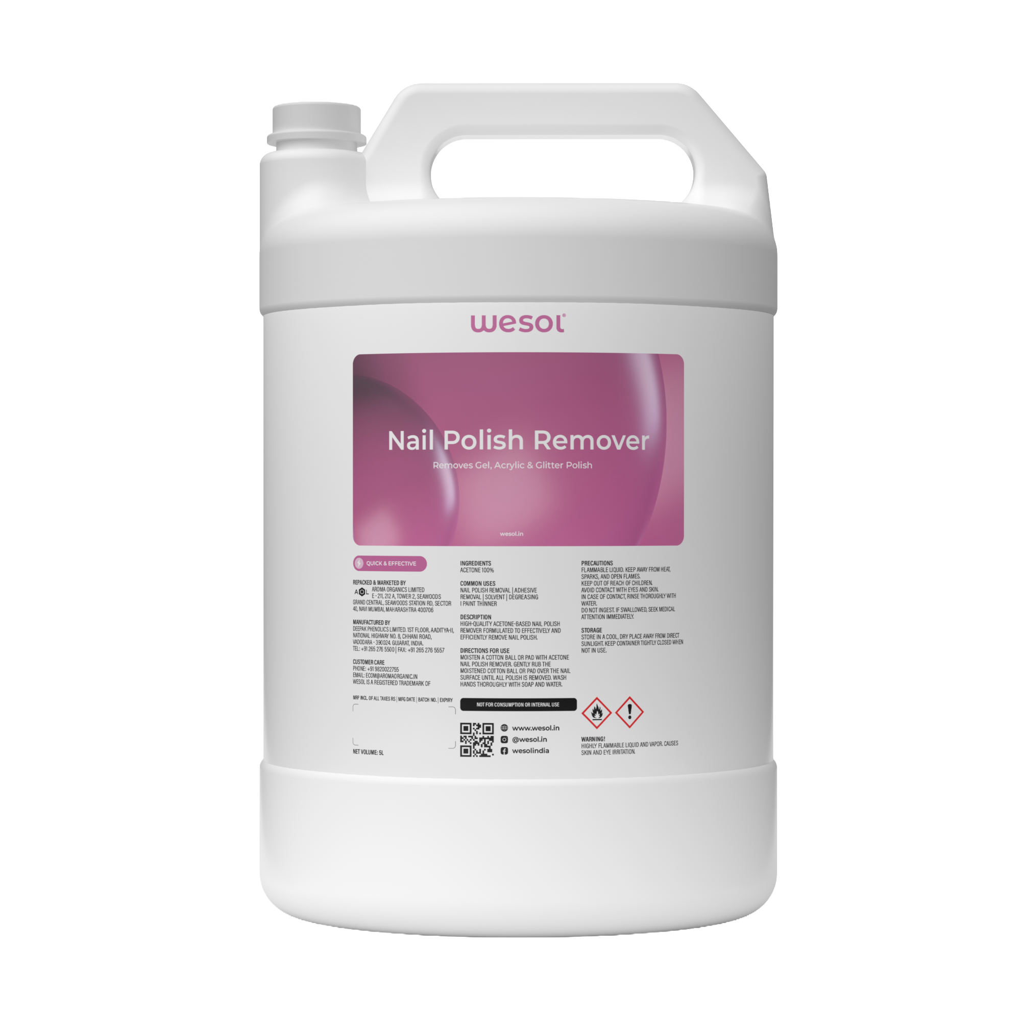 Wesol Acetone Nail Polish Remover 5L | 100% Pure Acetone | Gel, Glitter & Acrylic Remover | Fast-Action | Salon Grade
