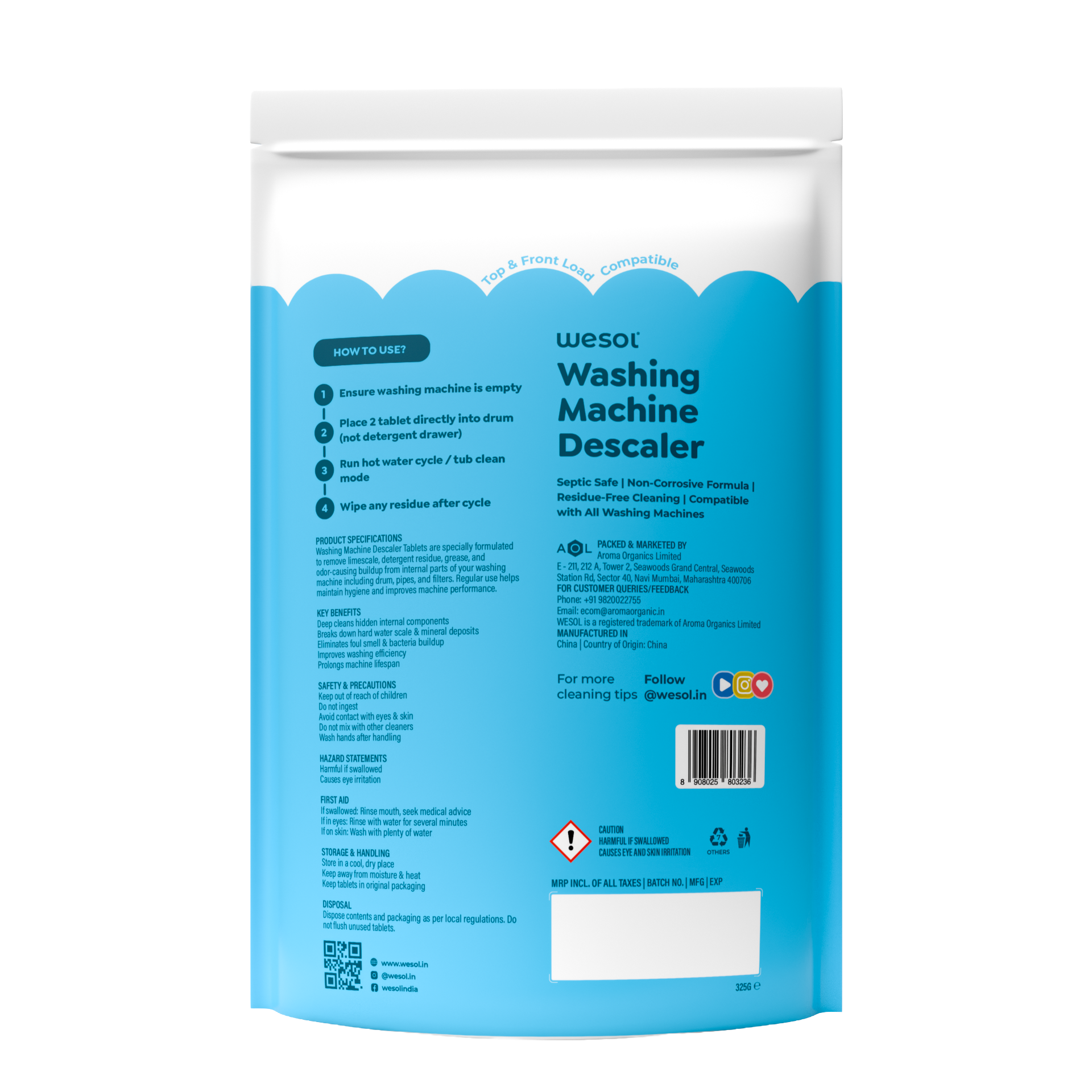 Wesol Washing Machine Descaler Tablets 24 Pack | Drum Cleaner for Front & Top Load | Removes Limescale, Odor & Residue | Improves Performance | Chlorine Free